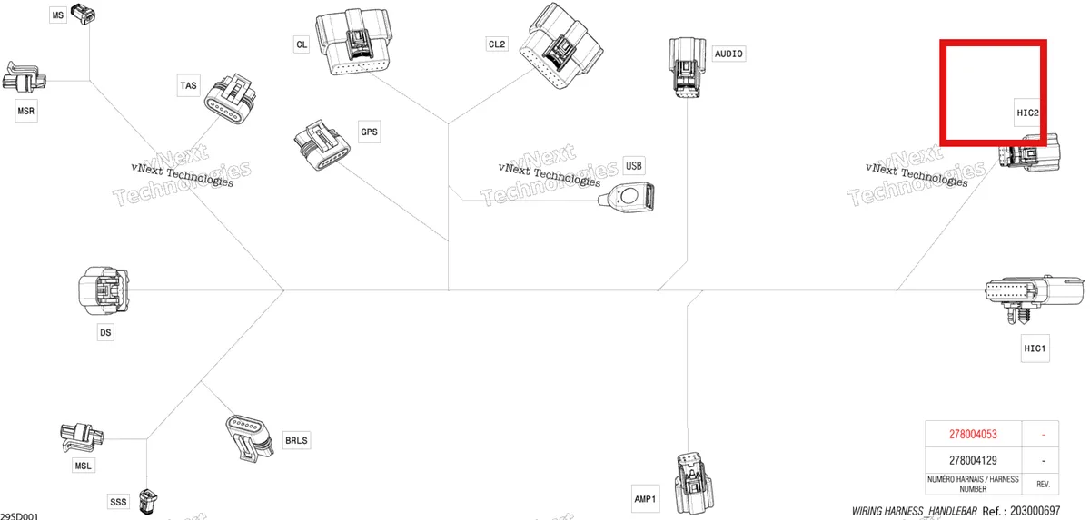 Деталь 515178303 на схеме узла 2024 Sea-Doo GTX 170 - 11RC - STD package - Blue Abyss - Audio Electric - Steering Wiring Harness - 278004053
