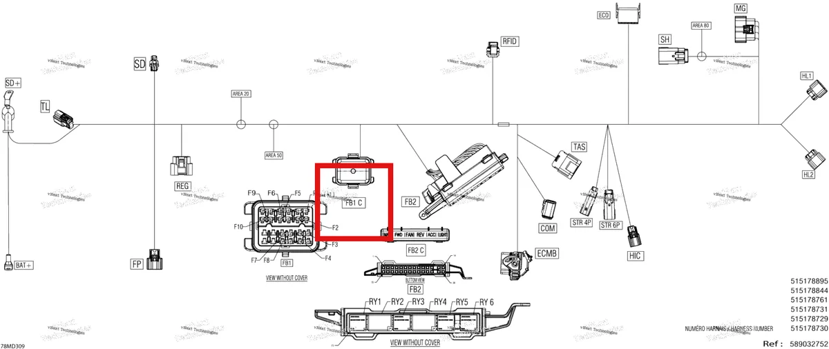 Деталь 515178559 на схеме узла 2024 Ski-Doo SKANDIC 900 ACE - LE - AHRA - Deep Black - 154X20X1.5CST Track Electric - Main Harness - 515178729