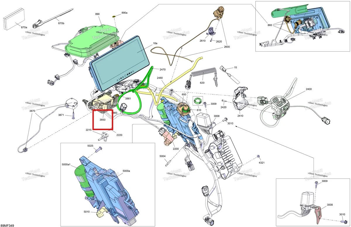 Деталь 515179191 (Radio Frequency блок Can-Am Maverick Turbo RR XRS (2026) (515179191)) на схеме узла 2026 Ski-Doo BACKCOUNTRY - X-RS - 850 E-TEC - UZTR - Scandi Blue - 16X154X2.0P Track - SHOT starter Electric - Upper Section