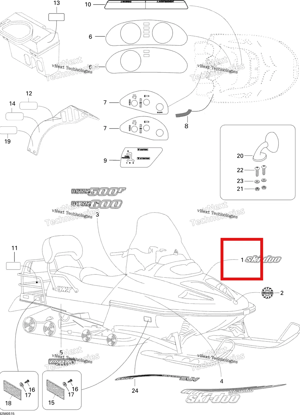 Деталь 516000270 на схеме узла 2005 Ski-Doo Skandic SUV 550F Decals 550F Suv