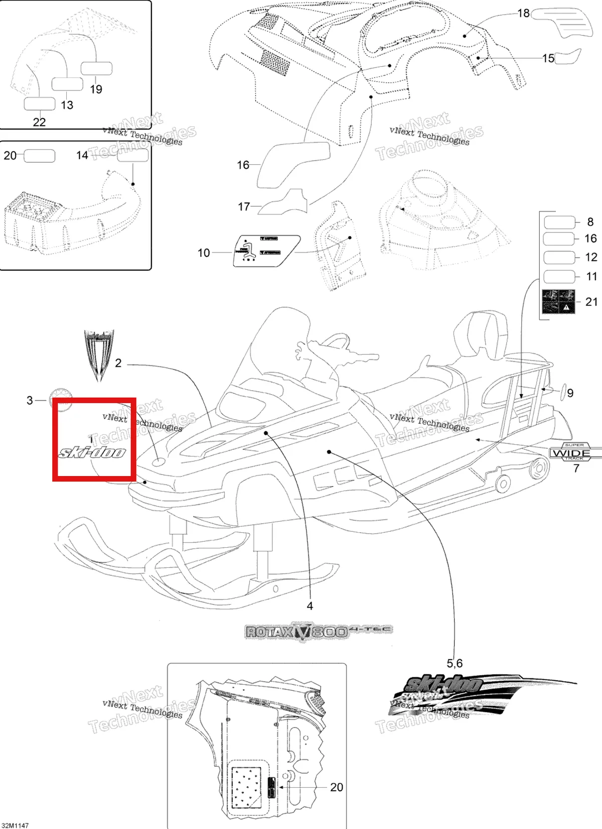 Деталь 516000338 (Деталь Decal Ski-doo) на схеме узла 2012 Ski-Doo Skandic SWT V800 YetiII Decals