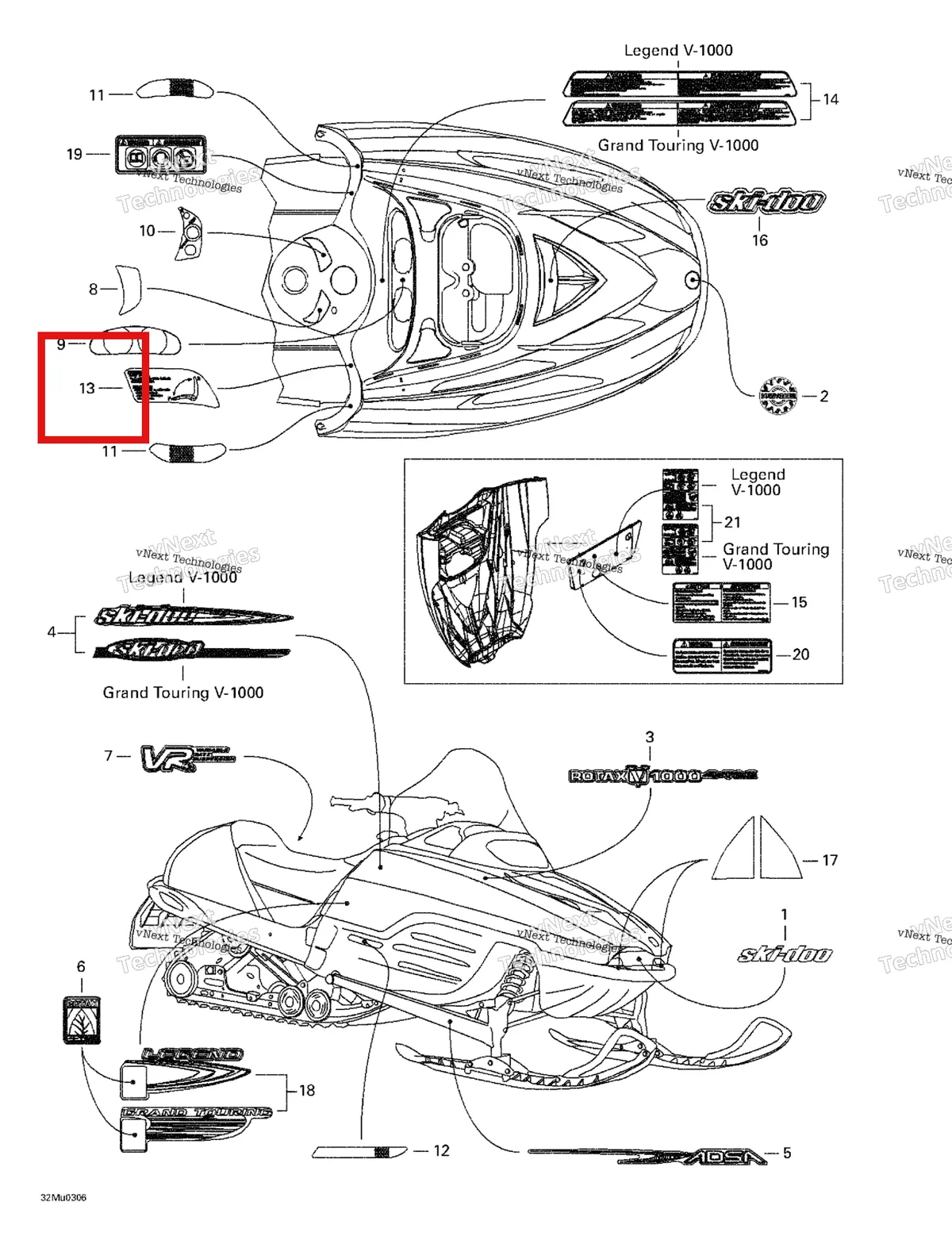Деталь 516000458 на схеме узла 2003 Ski-Doo Grand Touring V-1000 Decals