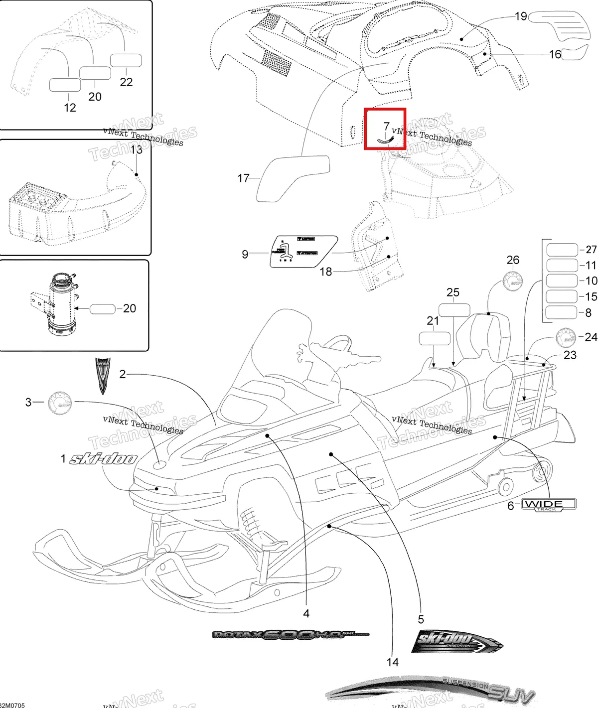 Деталь 516001335 (Деталь Decal, Dess) на схеме узла 2007 Ski-Doo Expedition TUV 600 H.O. SDI Decals