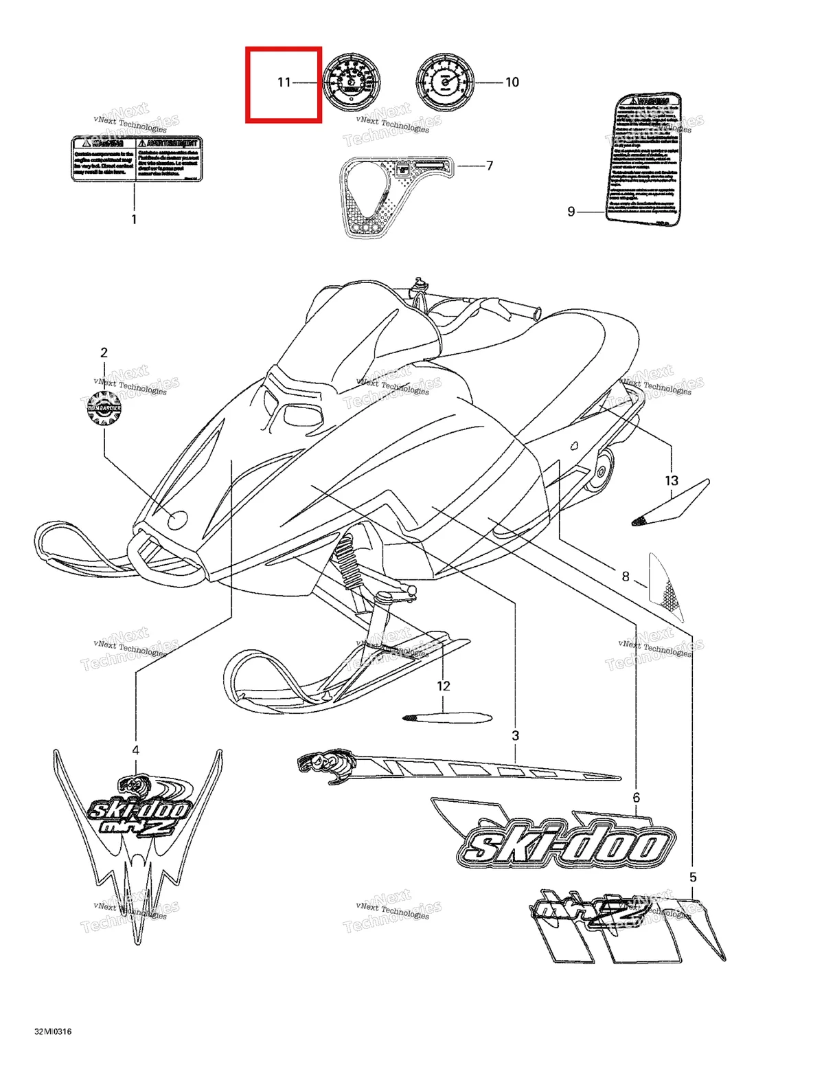 Деталь 516001669 на схеме узла 2003 Ski-Doo Mini Z Decals