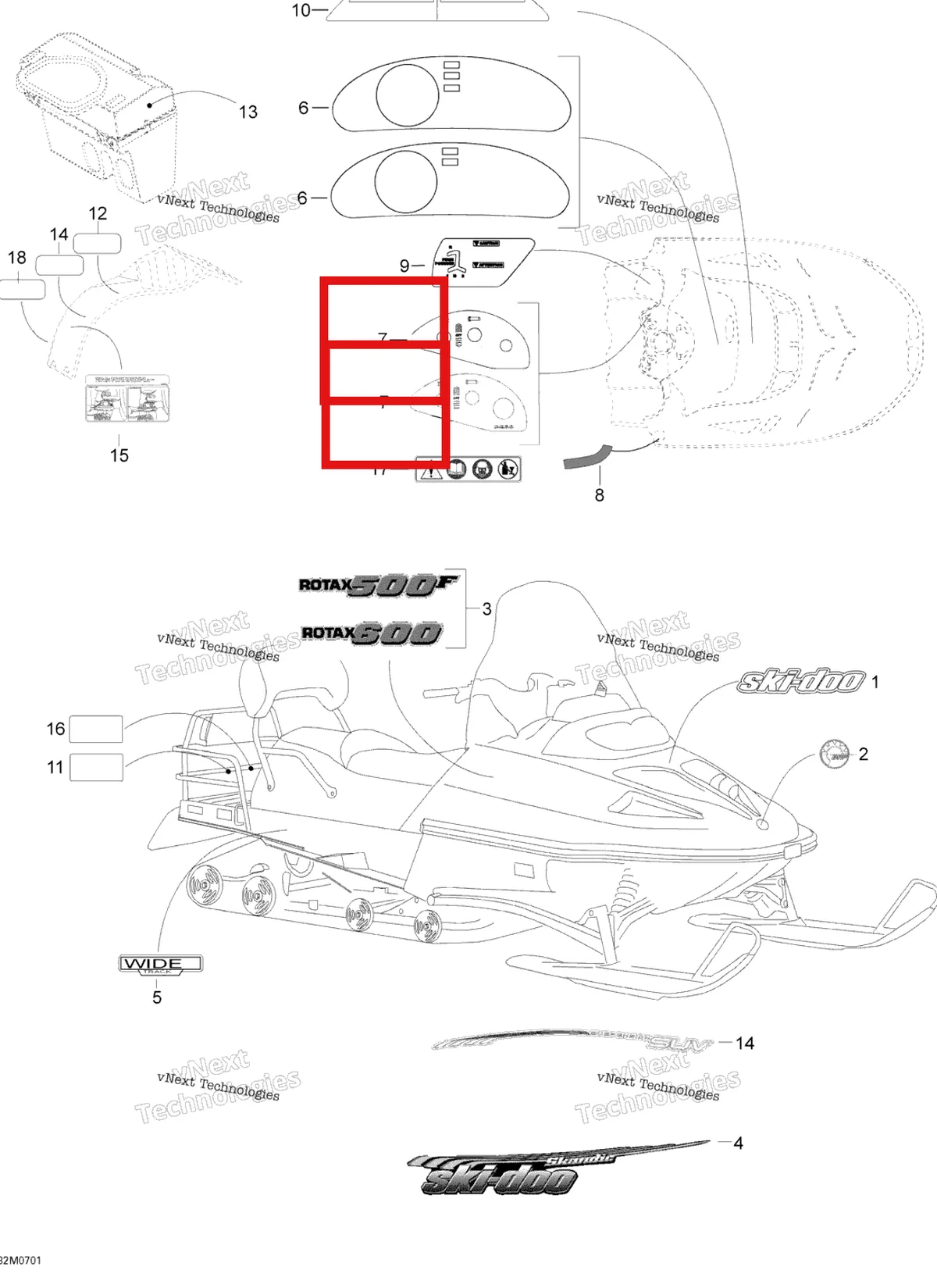 Деталь 516001720 (Деталь L.h. Console Decal. St 550) на схеме узла 2007 Ski-Doo Skandic SUV 550F Decals 550F Suv