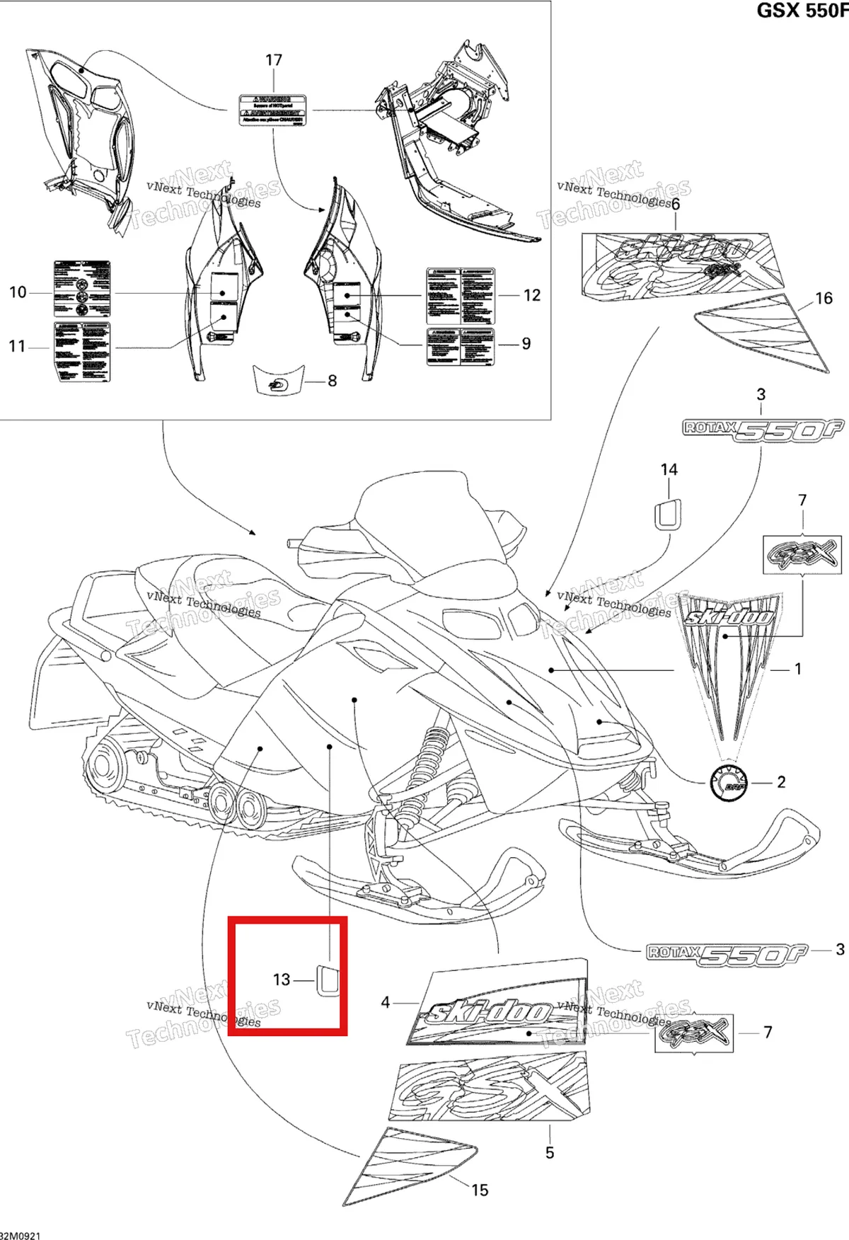 Деталь 516001910 (Деталь Rh Protector Decal) на схеме узла 2009 Ski-Doo GSX Fan Decals