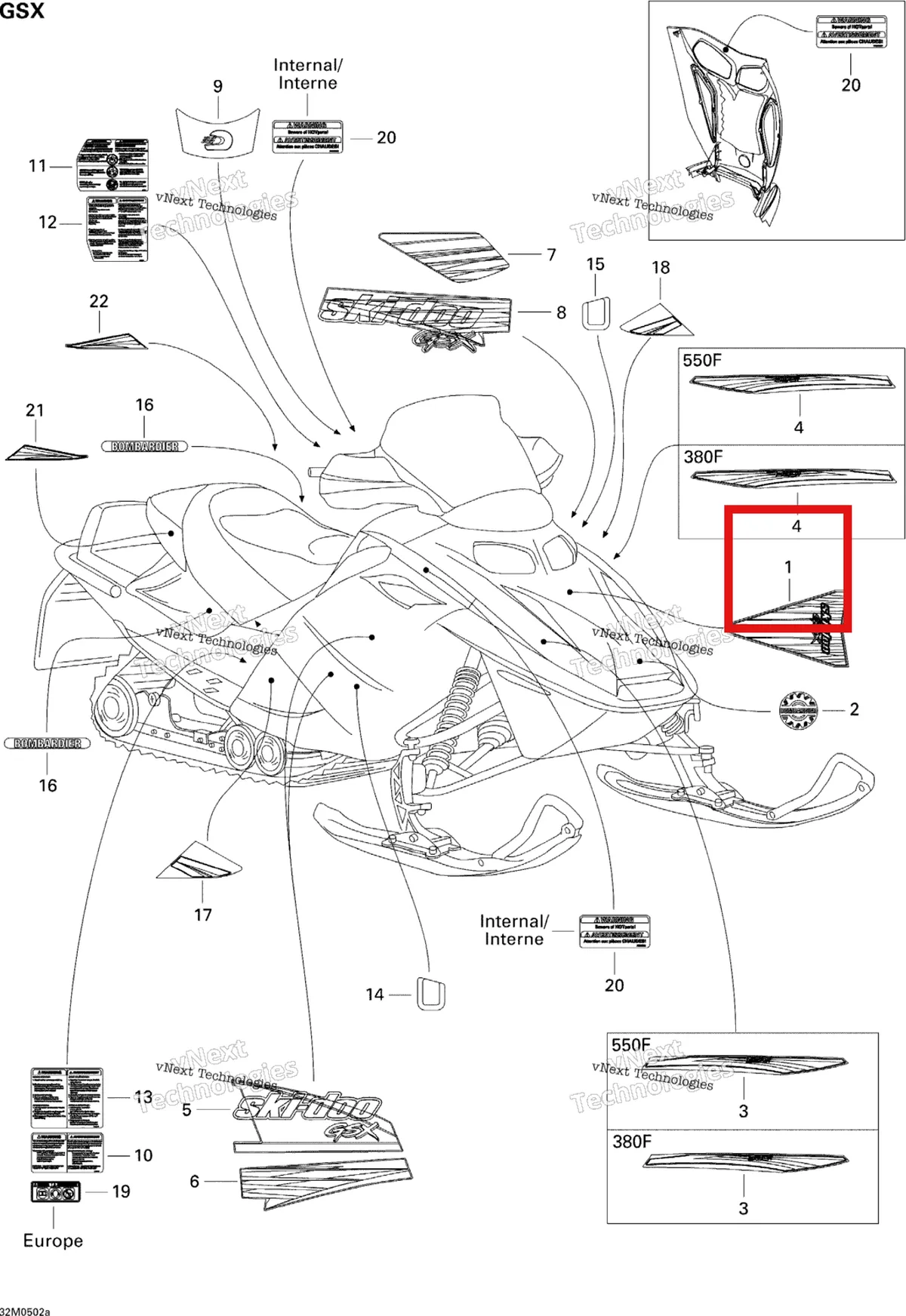 Деталь 516002163 на схеме узла 2005 Ski-Doo GSX 380F Decals Gsx 380F