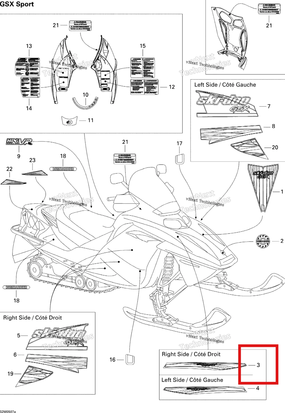 Деталь 516002173 на схеме узла 2005 Ski-Doo GSX 600 HO SDI Decals Sport