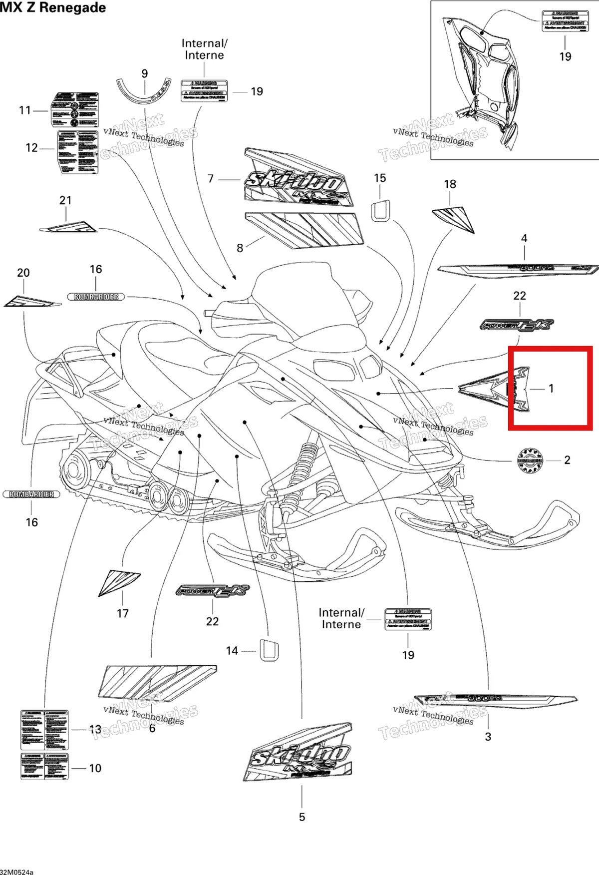 Деталь 516002239 на схеме узла 2005 Ski-Doo MX Z 600 HO Renegade Decals Renegade