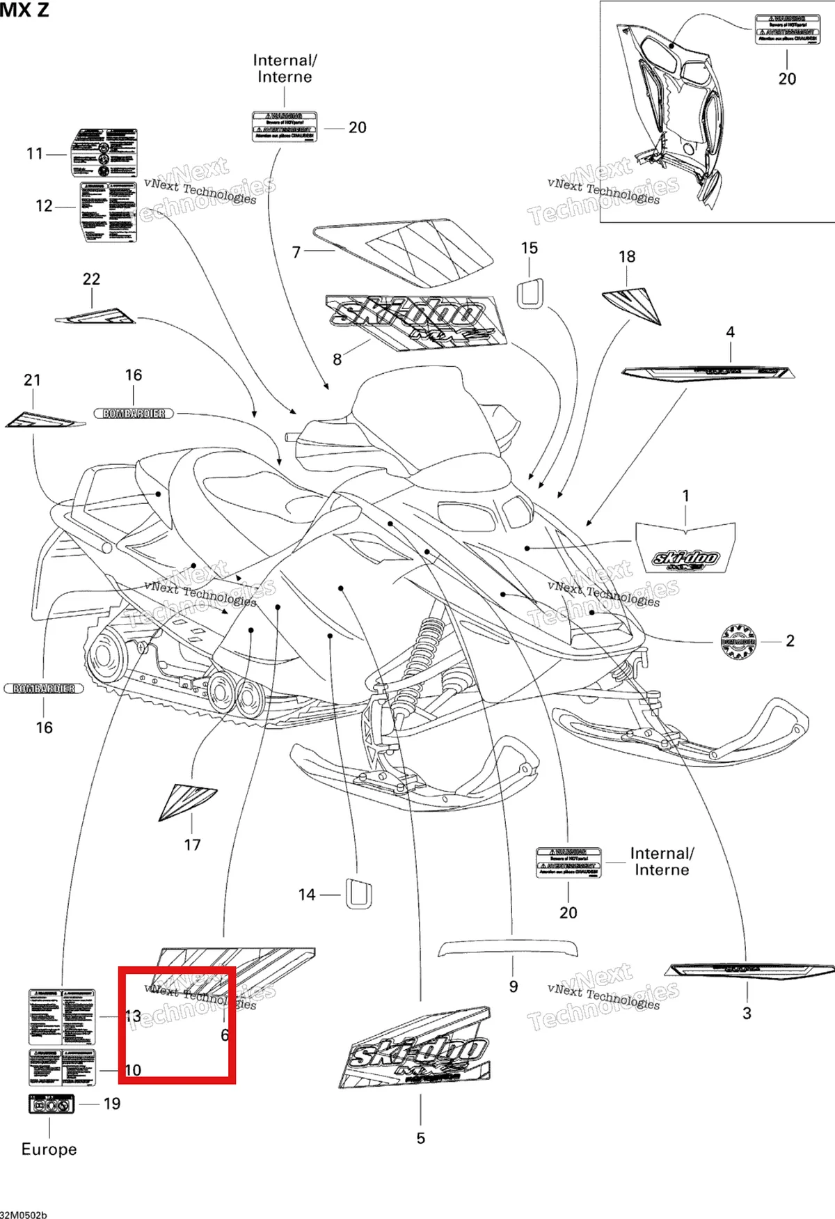 Деталь 516002240 на схеме узла 2005 Ski-Doo MX Z 380F Decals Mx Z 380F