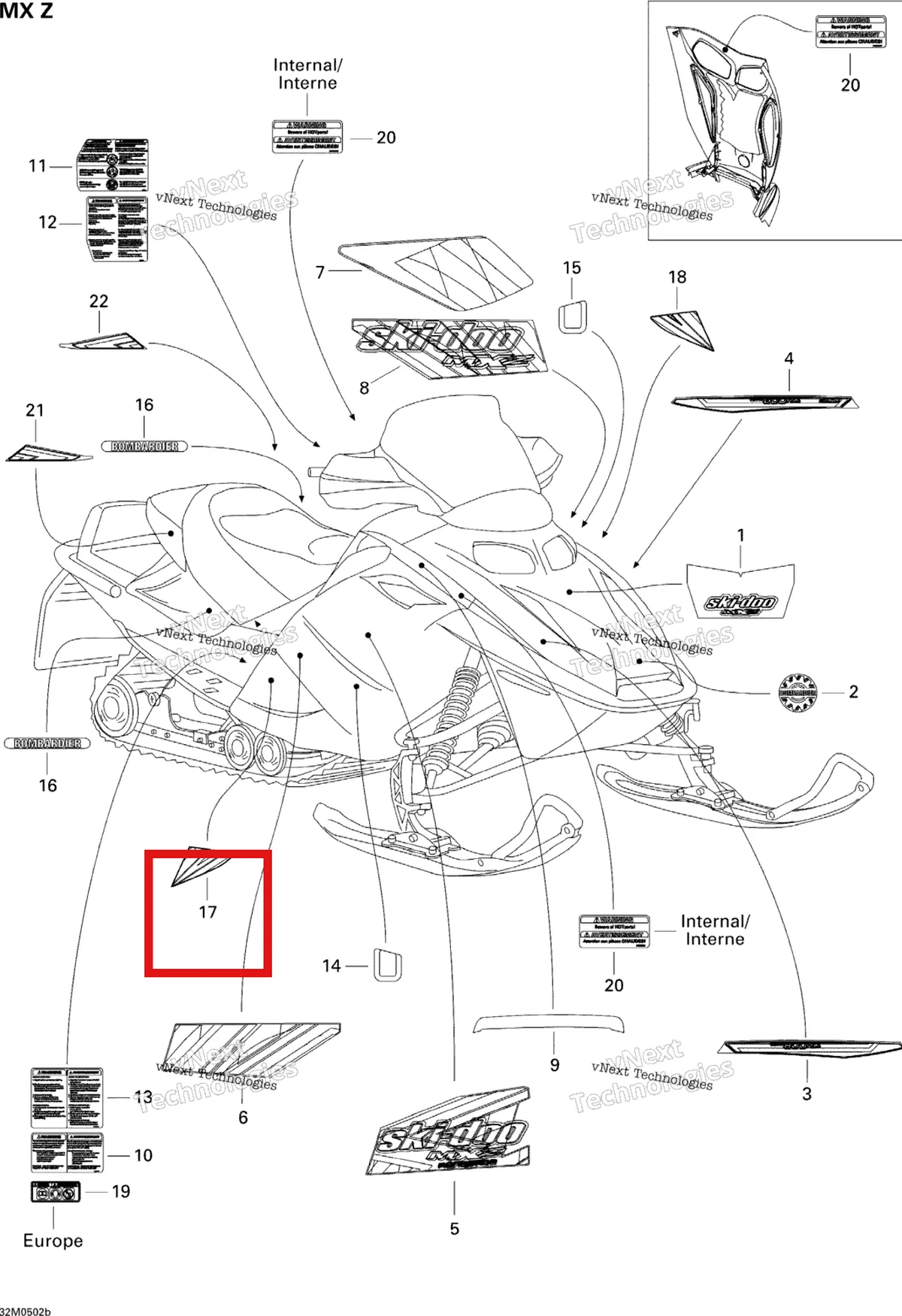 Деталь 516002248 на схеме узла 2005 Ski-Doo MX Z 380F Decals Mx Z 380F