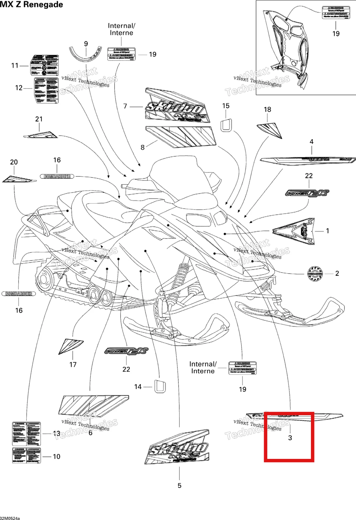 Деталь 516002260 на схеме узла 2005 Ski-Doo MX Z 600 HO Renegade Decals Renegade