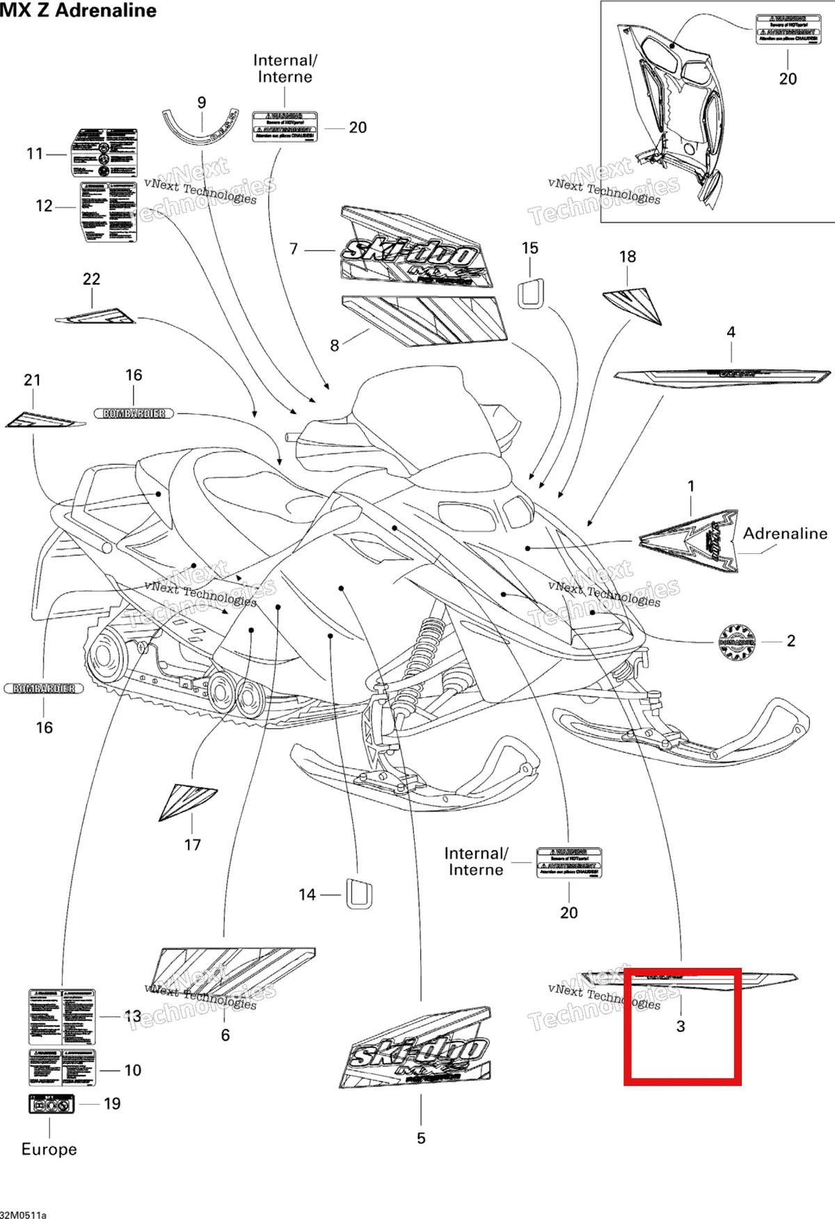 Деталь 516002271 на схеме узла 2005 Ski-Doo MX Z 600 HO SDI Adrenaline & X Decals Adrenaline