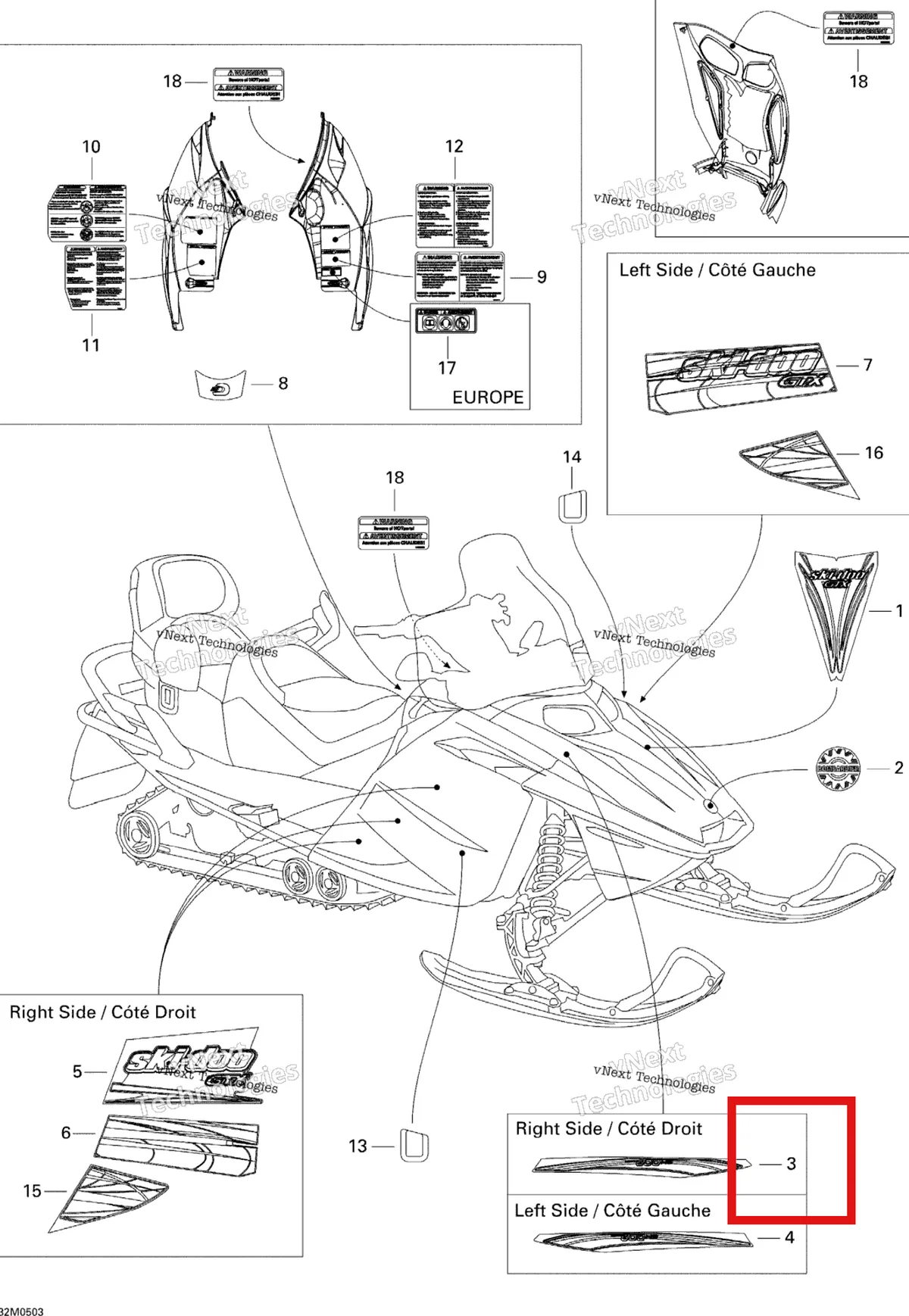 Деталь 516002334 на схеме узла 2005 Ski-Doo GTX 380F Decals 380F