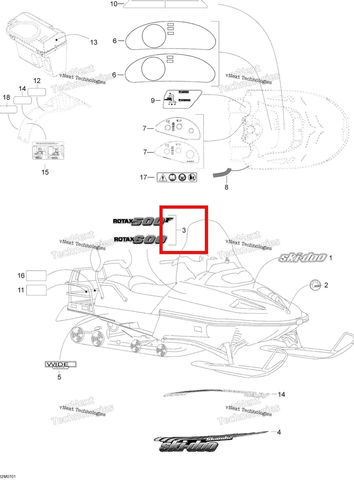 Деталь 516002393 на схеме узла 2007 Ski-Doo Skandic SUV 550F Decals 550F Suv