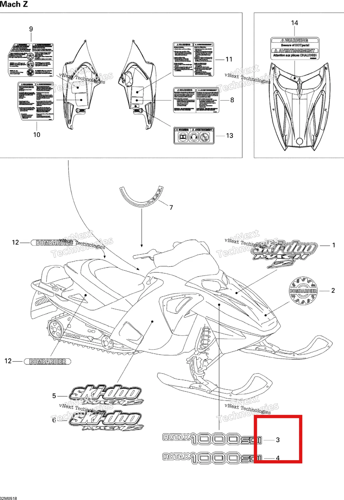 Деталь 516002645 на схеме узла 2005 Ski-Doo Mach Z 1000 SDI Decals