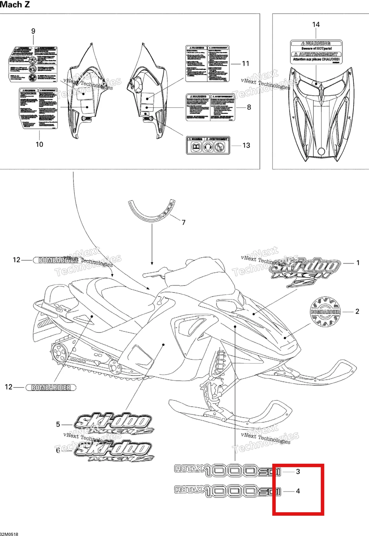 Деталь 516002646 на схеме узла 2005 Ski-Doo Mach Z 1000 SDI Decals