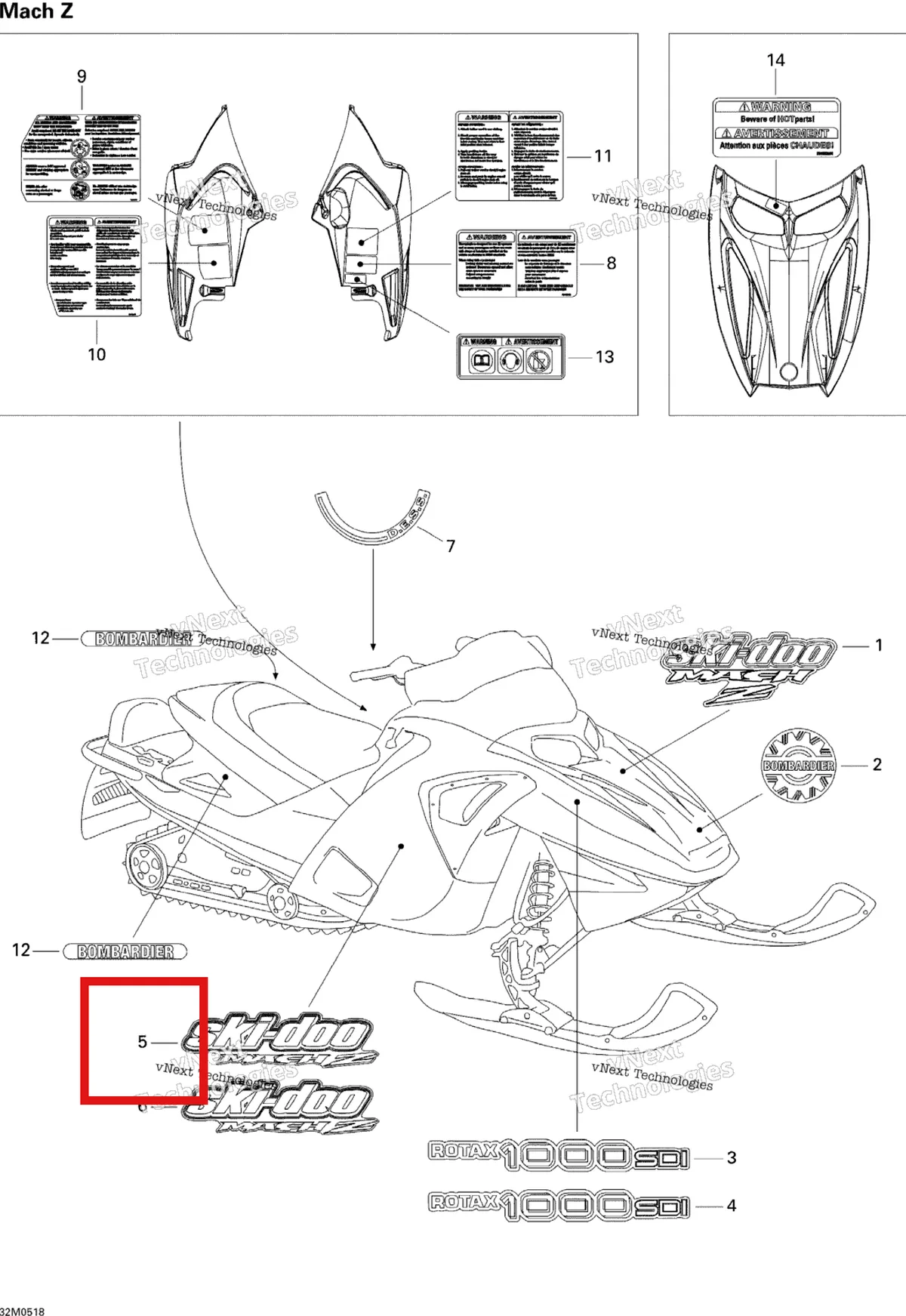 Деталь 516002647 на схеме узла 2005 Ski-Doo Mach Z 1000 SDI Decals