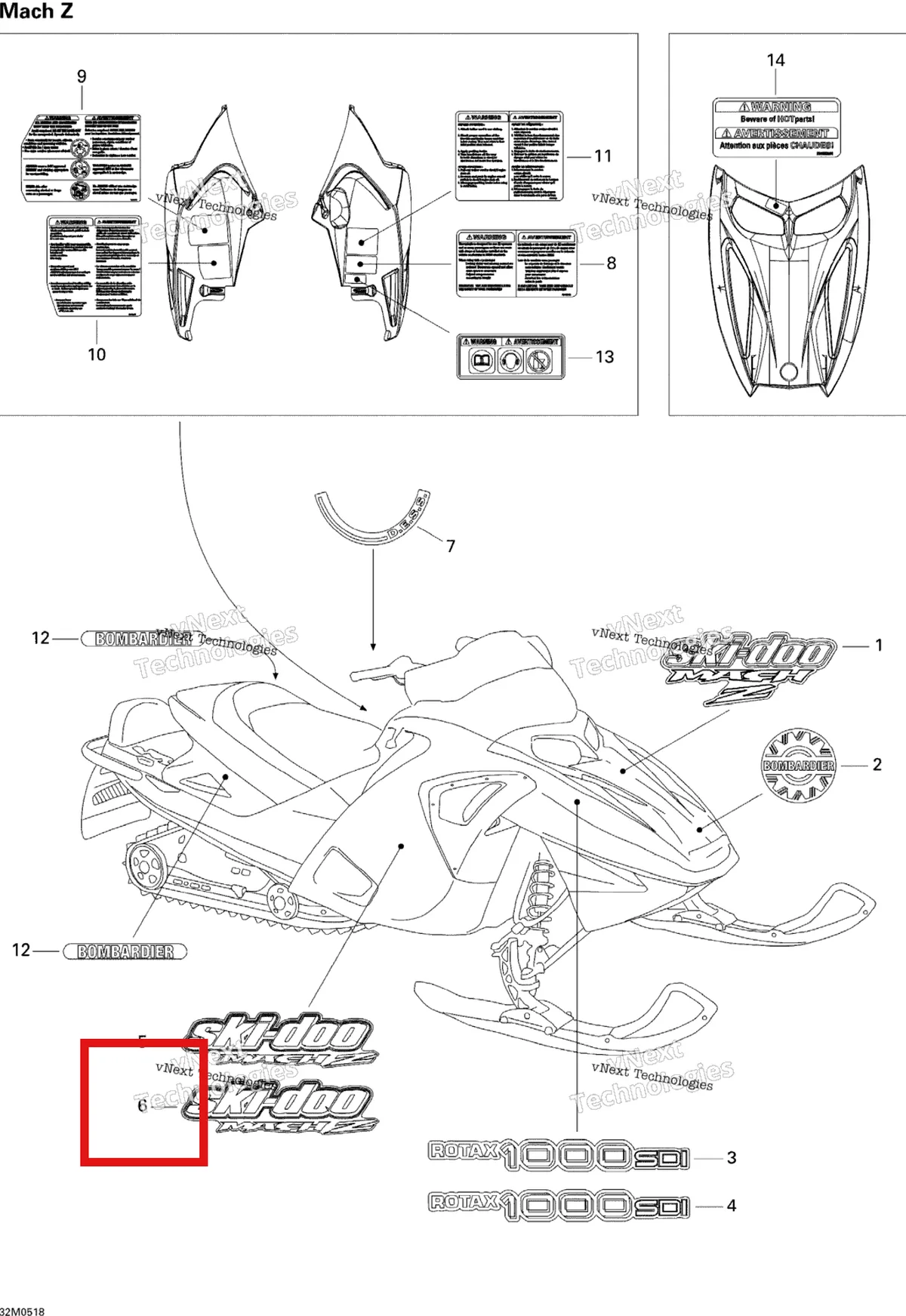 Деталь 516002648 на схеме узла 2005 Ski-Doo Mach Z 1000 SDI Decals