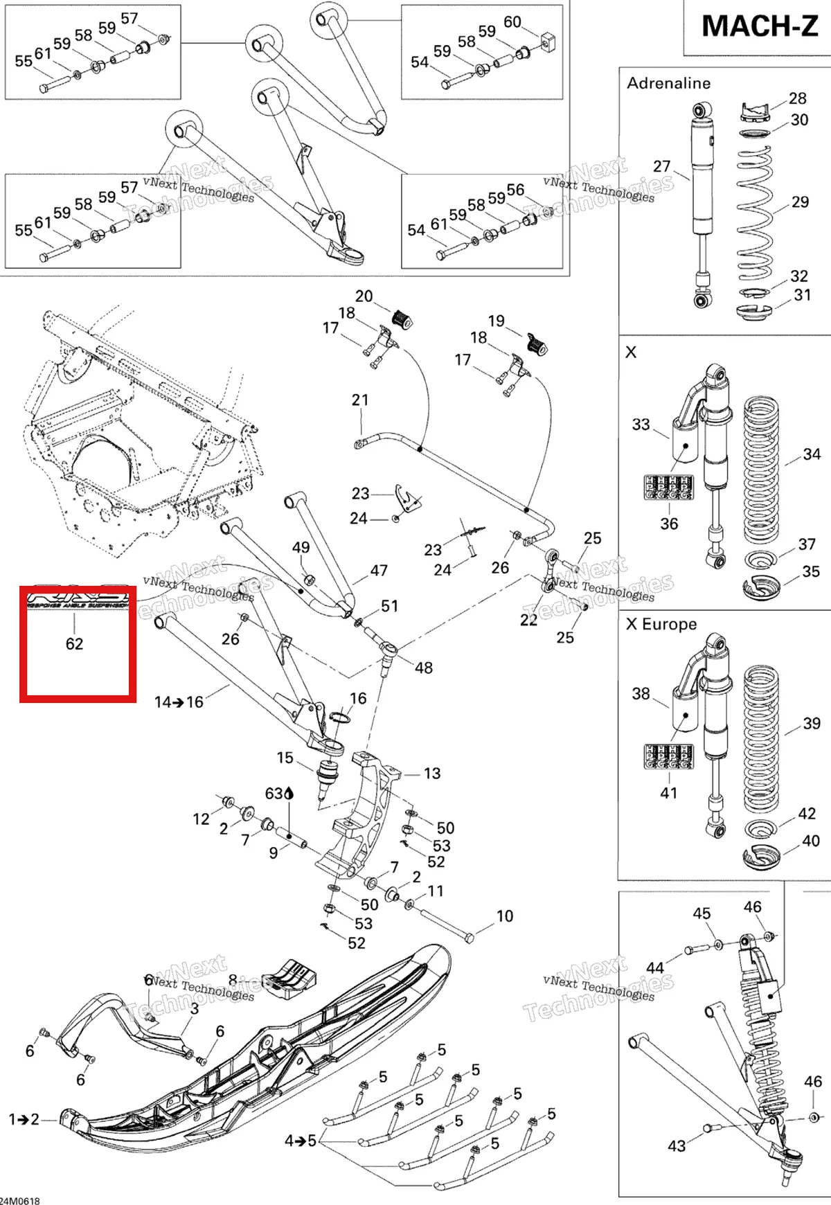 Деталь 516002747 на схеме узла 2006 Ski-Doo Mach Z 1000 SDI Adrenaline & X Front Suspension And Ski