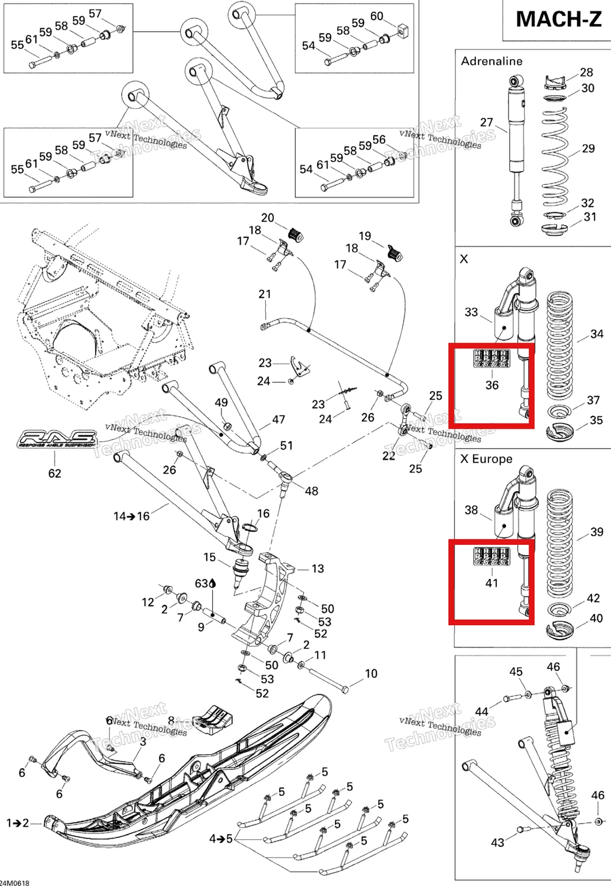 Деталь 516002748 на схеме узла 2006 Ski-Doo Mach Z 1000 SDI Adrenaline & X Front Suspension And Ski