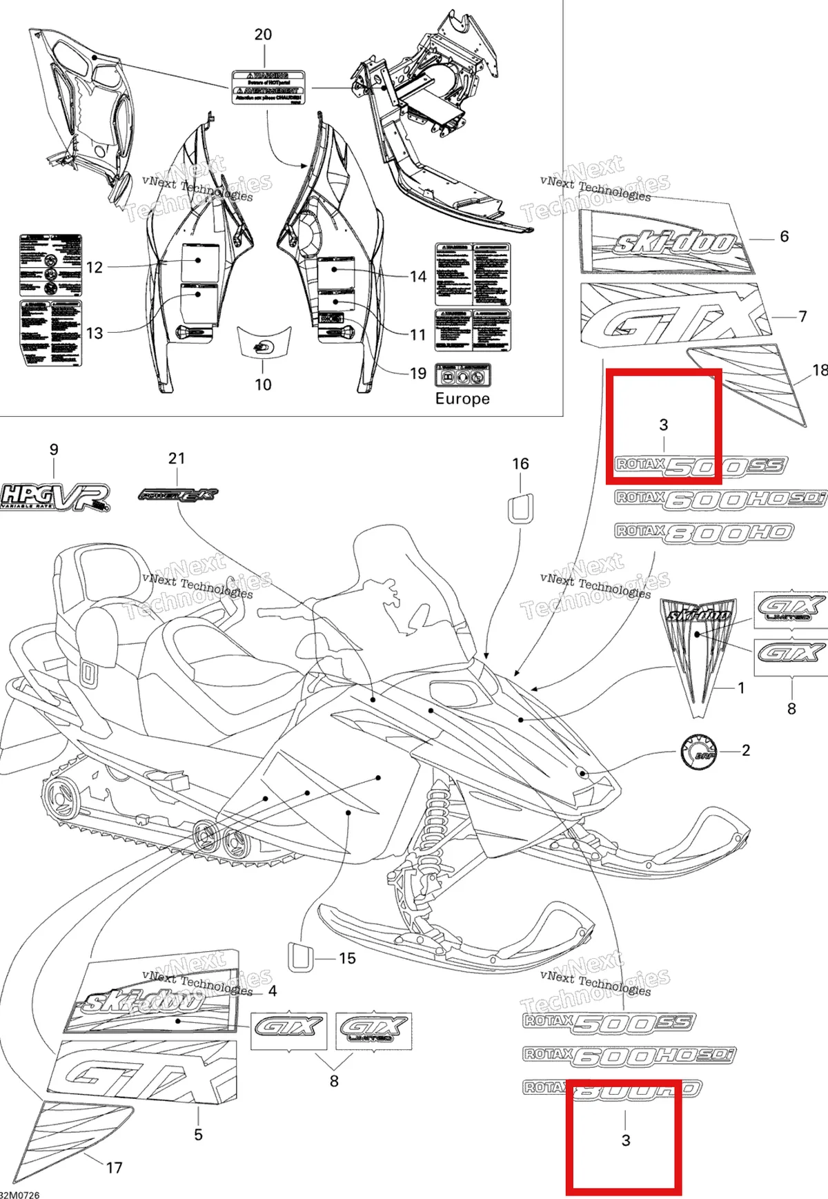 Деталь 516002758 на схеме узла 2007 Ski-Doo GTX LTD 800 HO PTEK Decals 800 Ho Ptek
