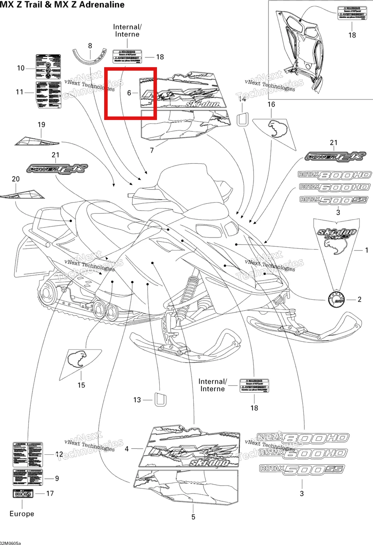 Деталь 516002761 на схеме узла 2006 Ski-Doo MX Z 500SS Trail & Adrenaline Decals 500