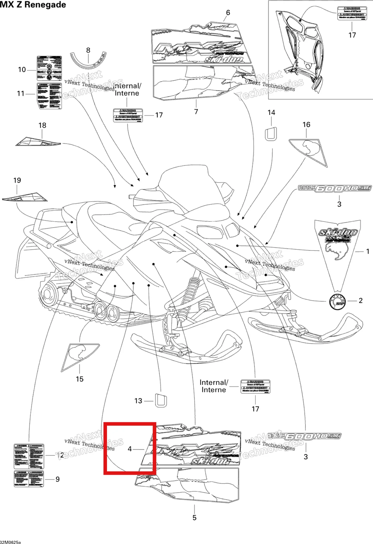 Деталь 516002762 на схеме узла 2006 Ski-Doo MX Z 600 HO SDI Renegade & Renegade X Decals Renegade