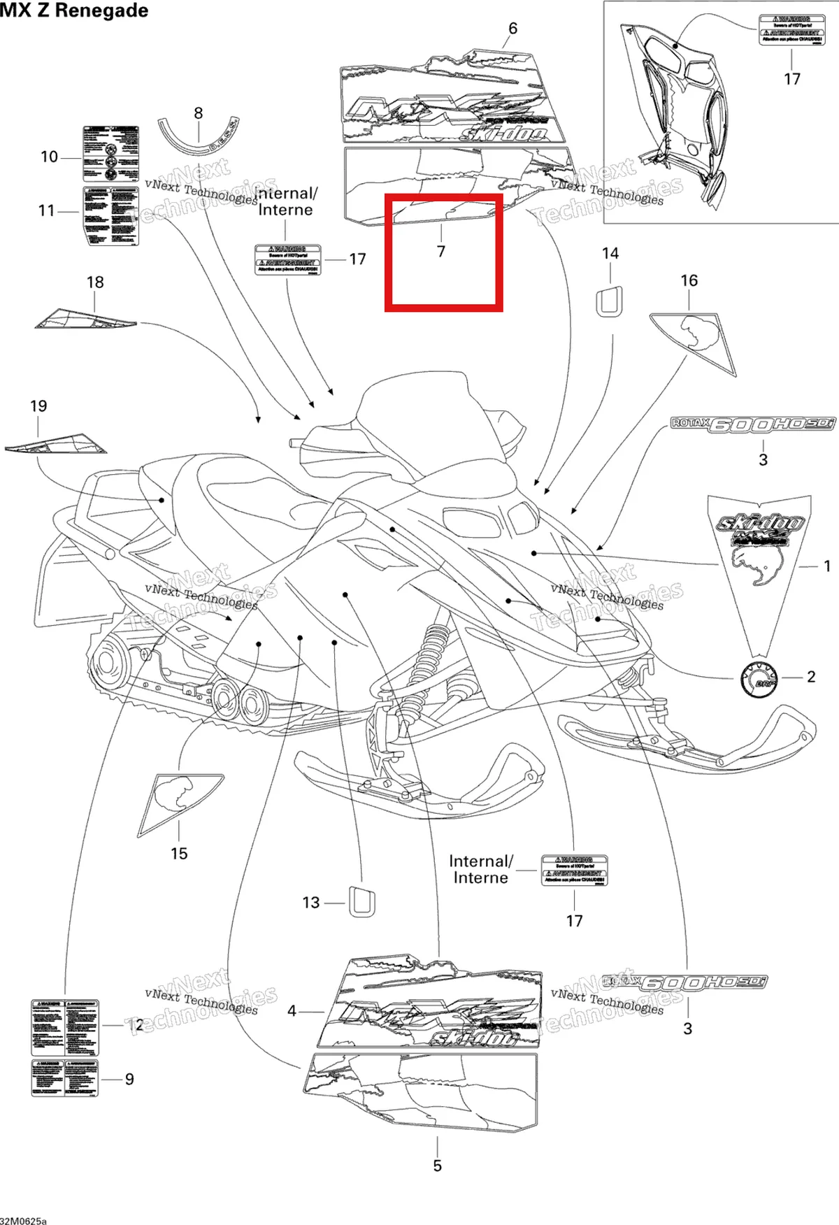Деталь 516002765 на схеме узла 2006 Ski-Doo MX Z 600 HO SDI Renegade & Renegade X Decals Renegade
