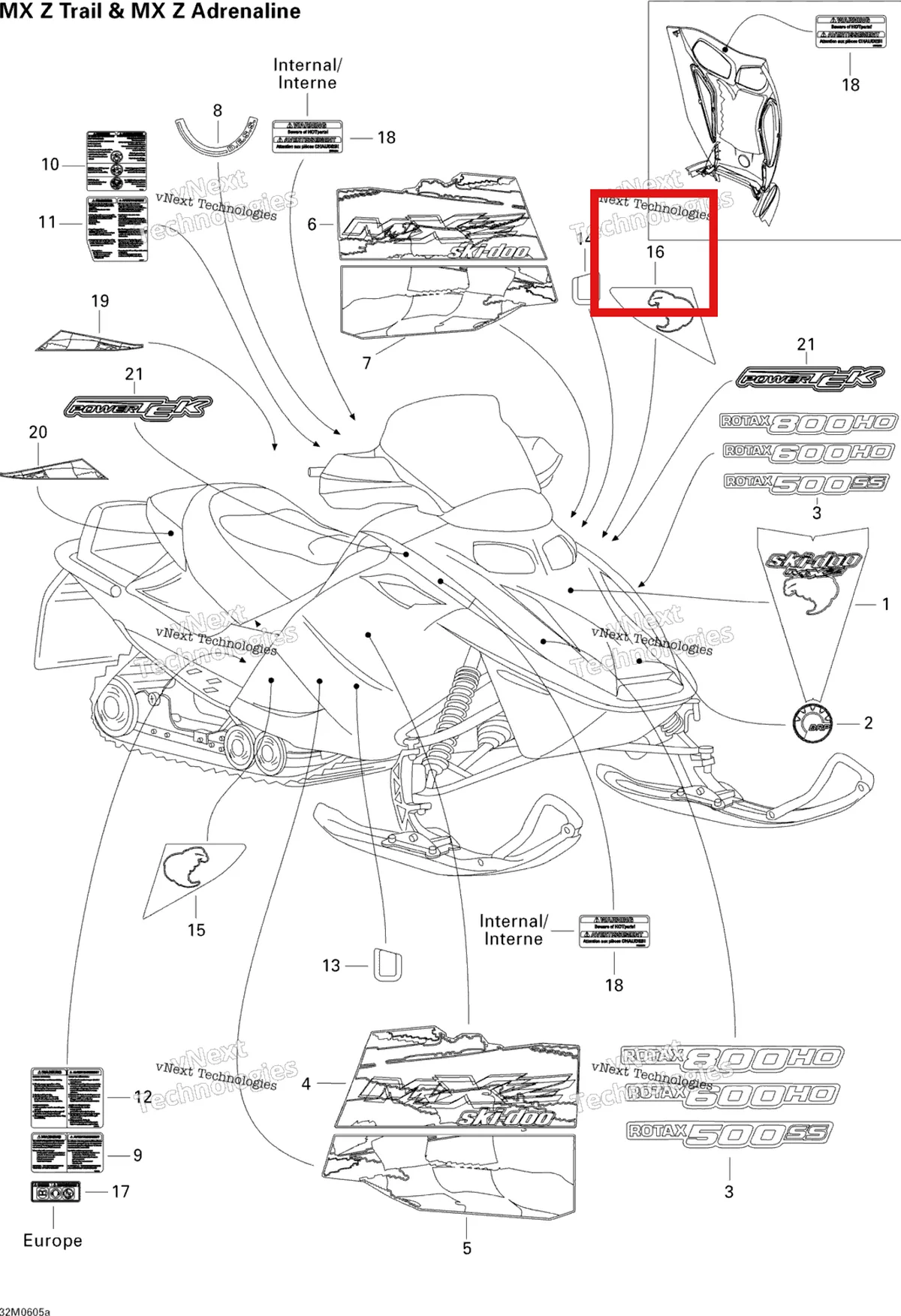 Деталь 516002768 на схеме узла 2006 Ski-Doo MX Z 500SS Trail & Adrenaline Decals 500
