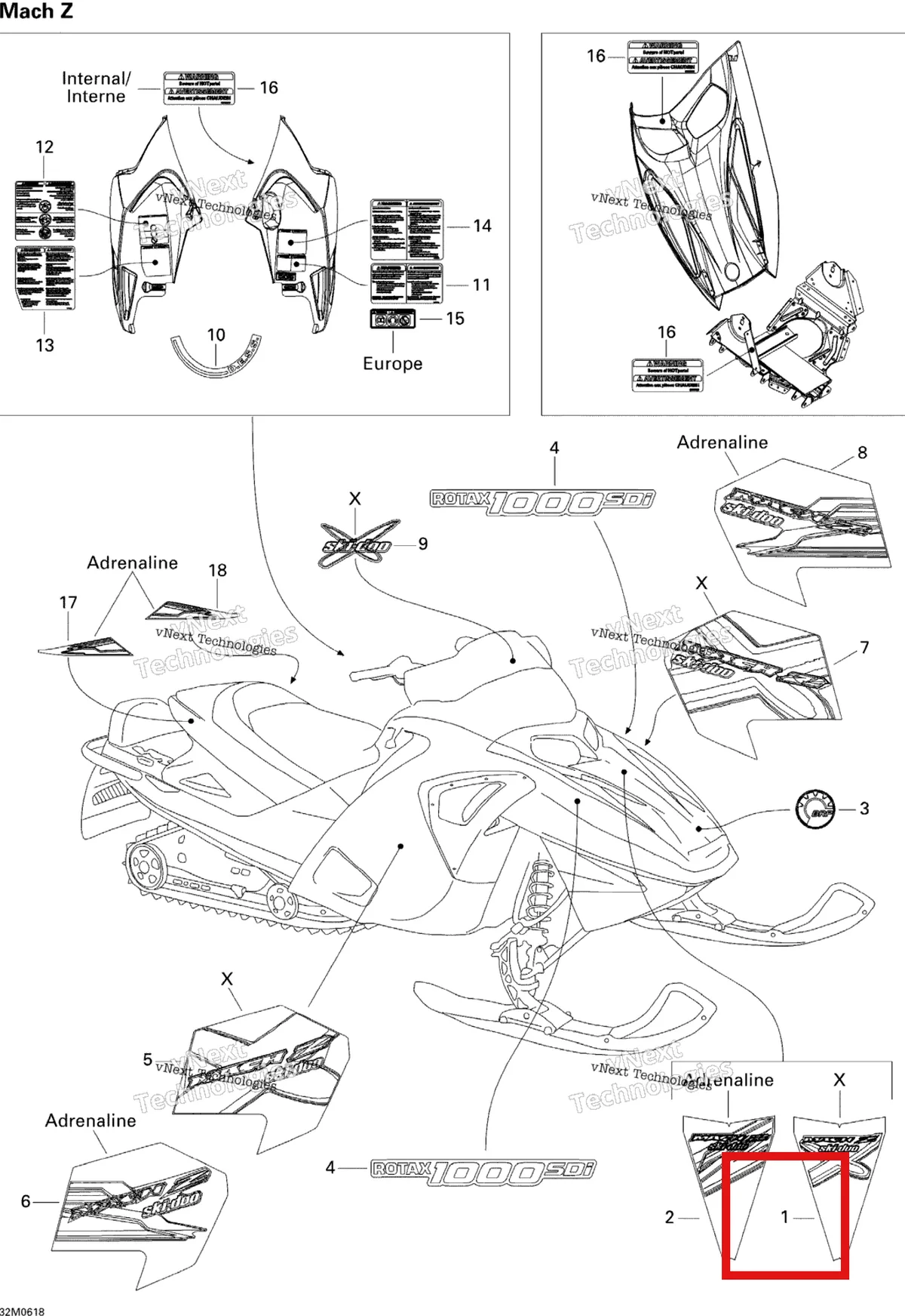 Деталь 516002839 на схеме узла 2006 Ski-Doo Mach Z 1000 SDI Adrenaline & X Decals