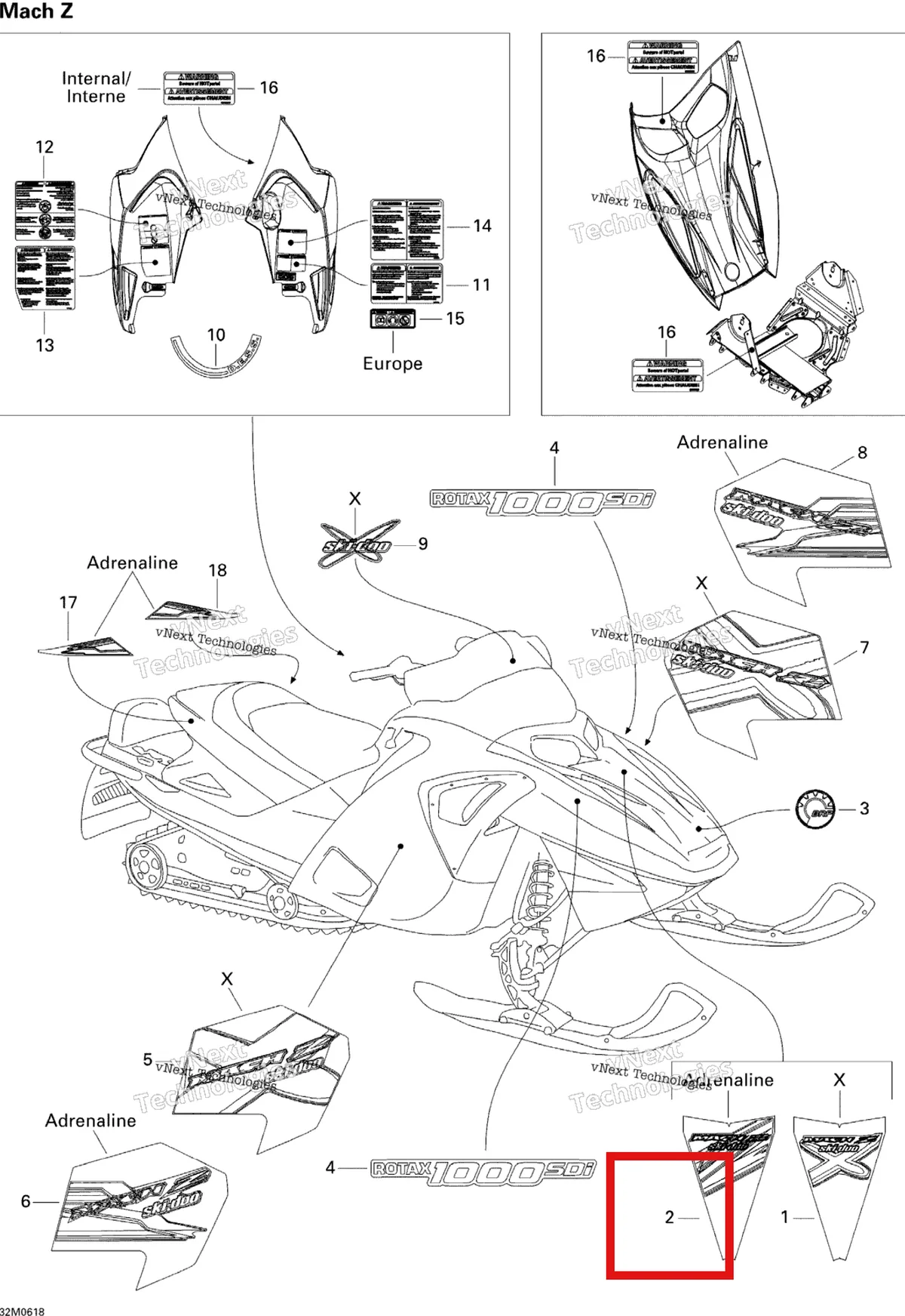 Деталь 516002840 на схеме узла 2006 Ski-Doo Mach Z 1000 SDI Adrenaline & X Decals