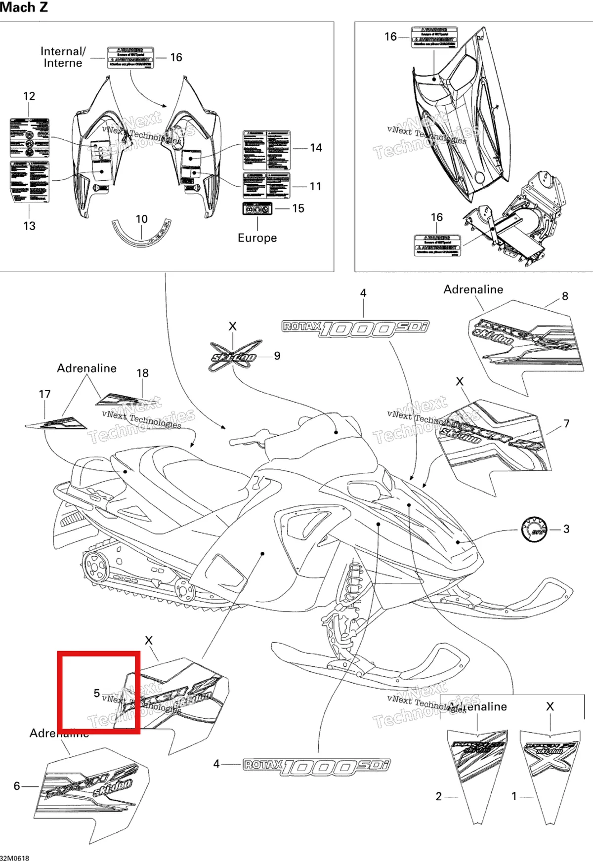 Деталь 516002843 на схеме узла 2006 Ski-Doo Mach Z 1000 SDI Adrenaline & X Decals