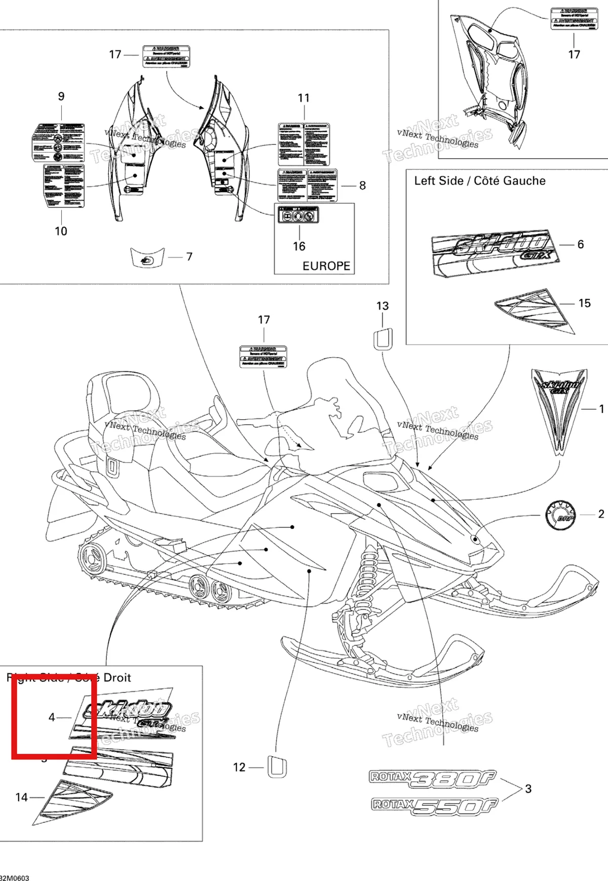 Деталь 516003030 на схеме узла 2006 Ski-Doo GTX 380F Decals 380F
