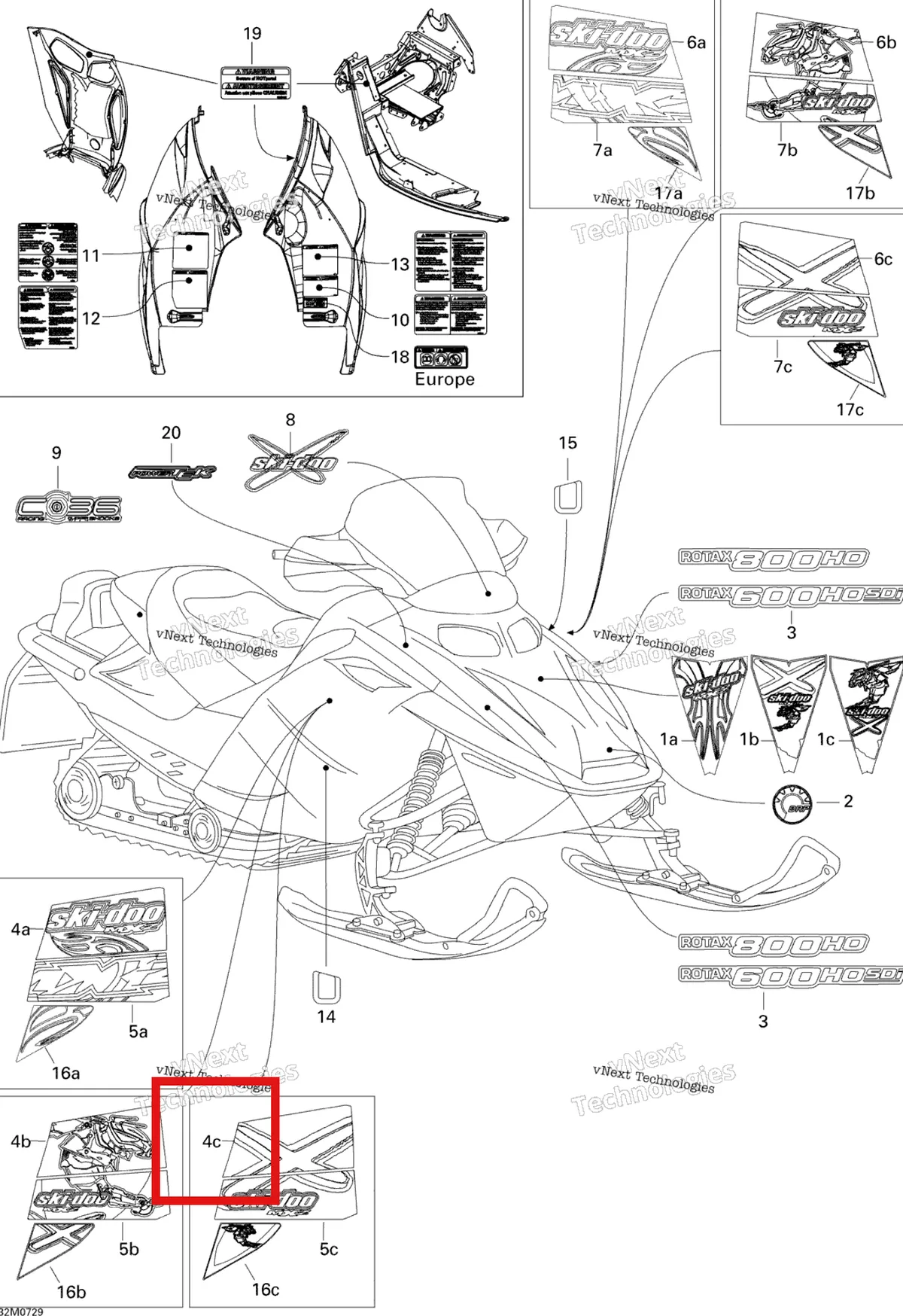 Деталь 516003078 на схеме узла 2007 Ski-Doo MX Z Renegade X 800 HO PTEK Decals Renx 800
