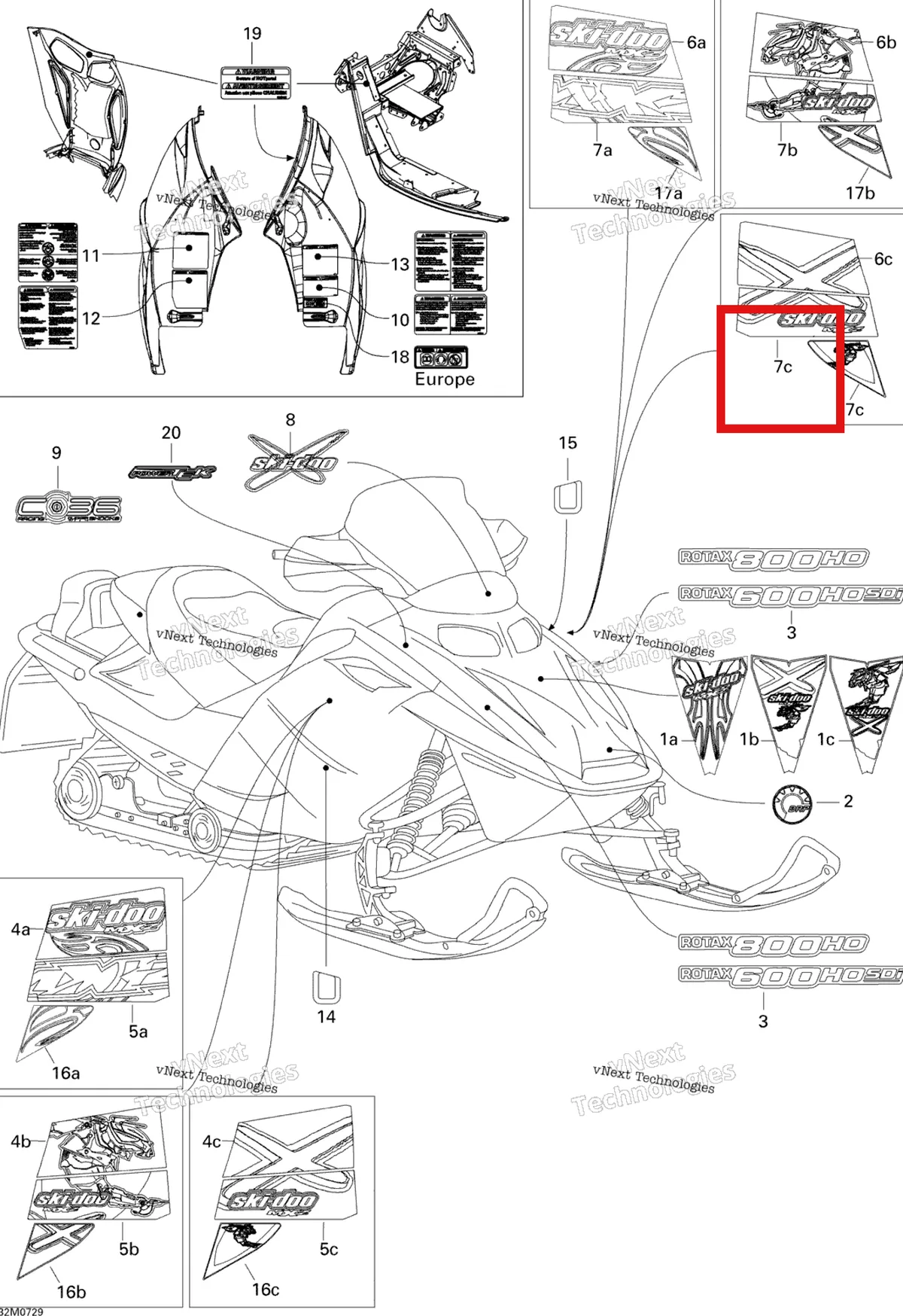 Деталь 516003081 на схеме узла 2007 Ski-Doo MX Z Renegade X 800 HO PTEK Decals Renx 800