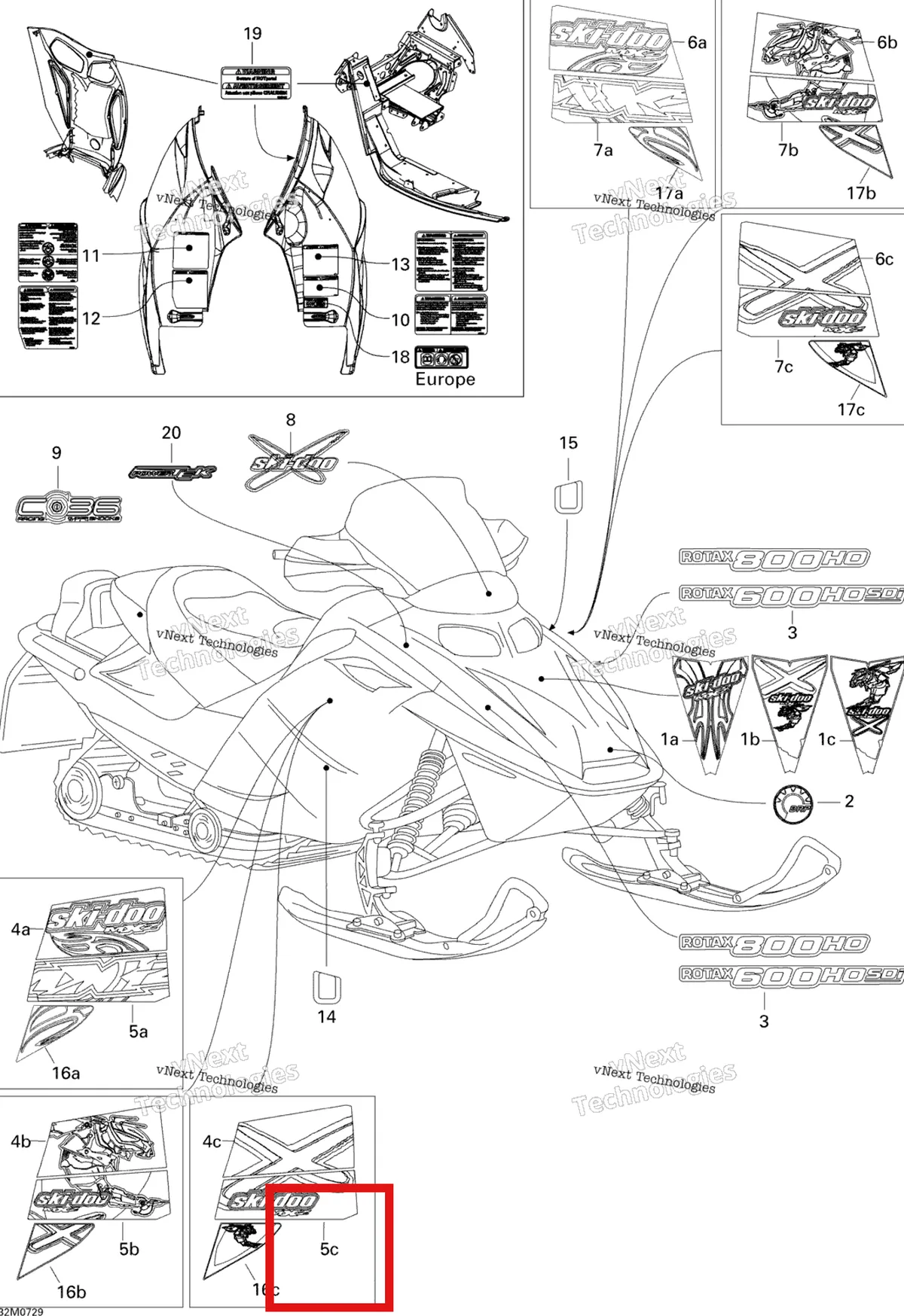 Деталь 516003082 на схеме узла 2007 Ski-Doo MX Z Renegade X 800 HO PTEK Decals Renx 800