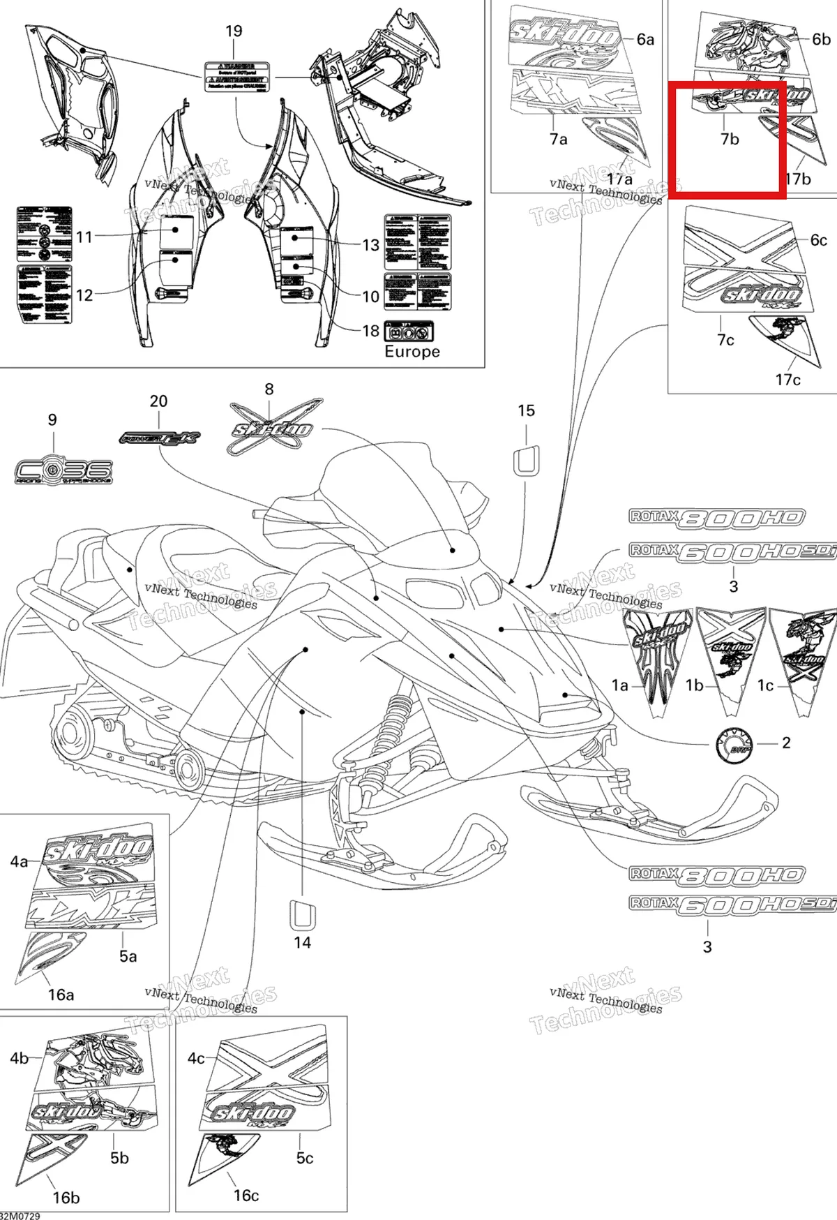 Деталь 516003085 на схеме узла 2007 Ski-Doo MX Z Renegade X 800 HO PTEK Decals Renx 800