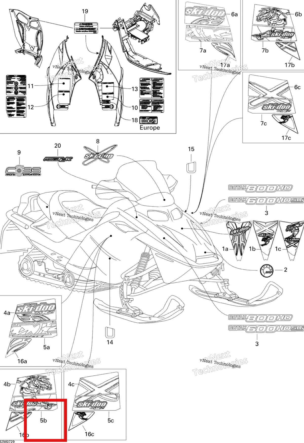 Деталь 516003086 на схеме узла 2007 Ski-Doo MX Z Renegade X 800 HO PTEK Decals Renx 800