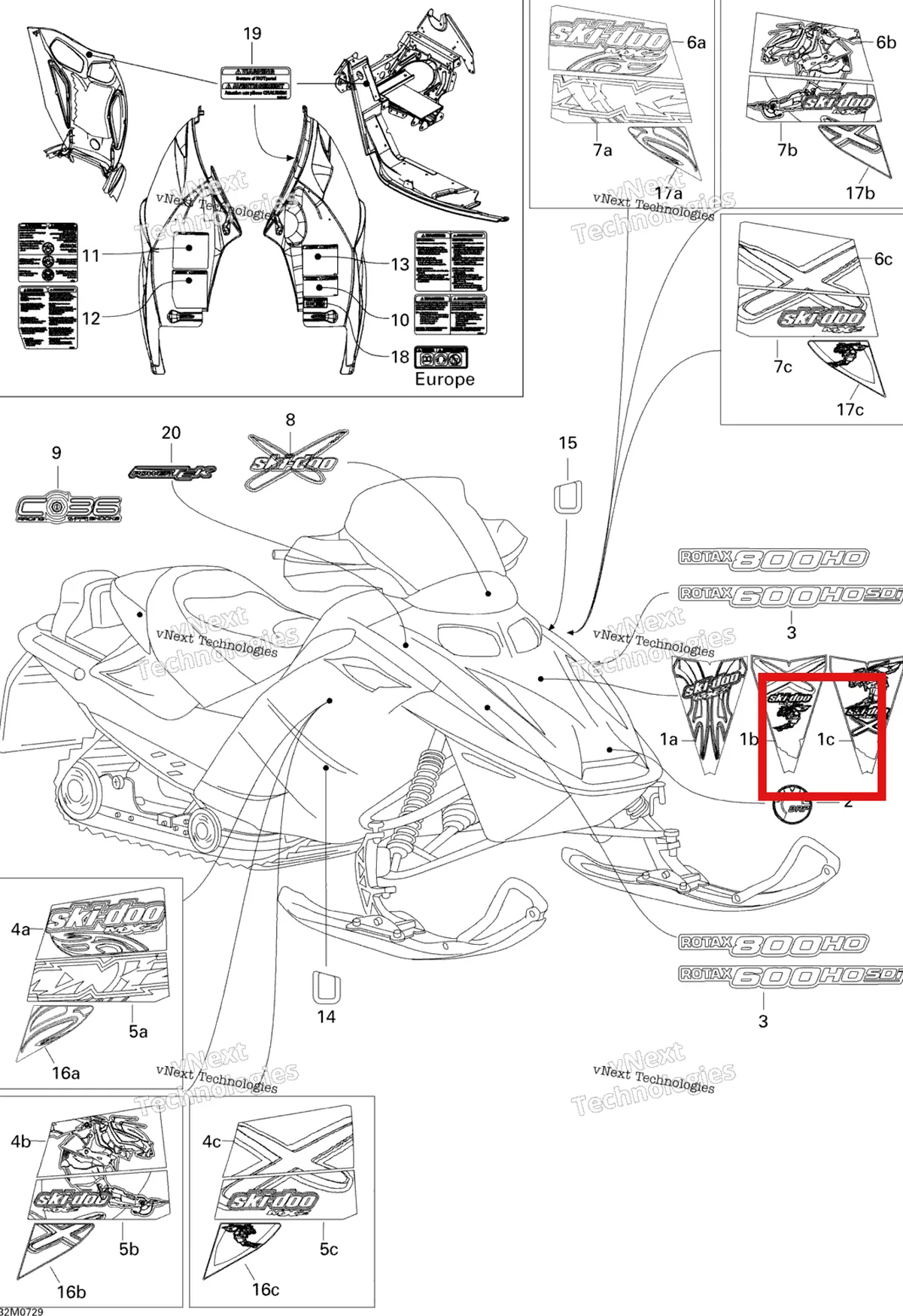 Деталь 516003215 на схеме узла 2007 Ski-Doo MX Z Renegade X 800 HO PTEK Decals Renx 800