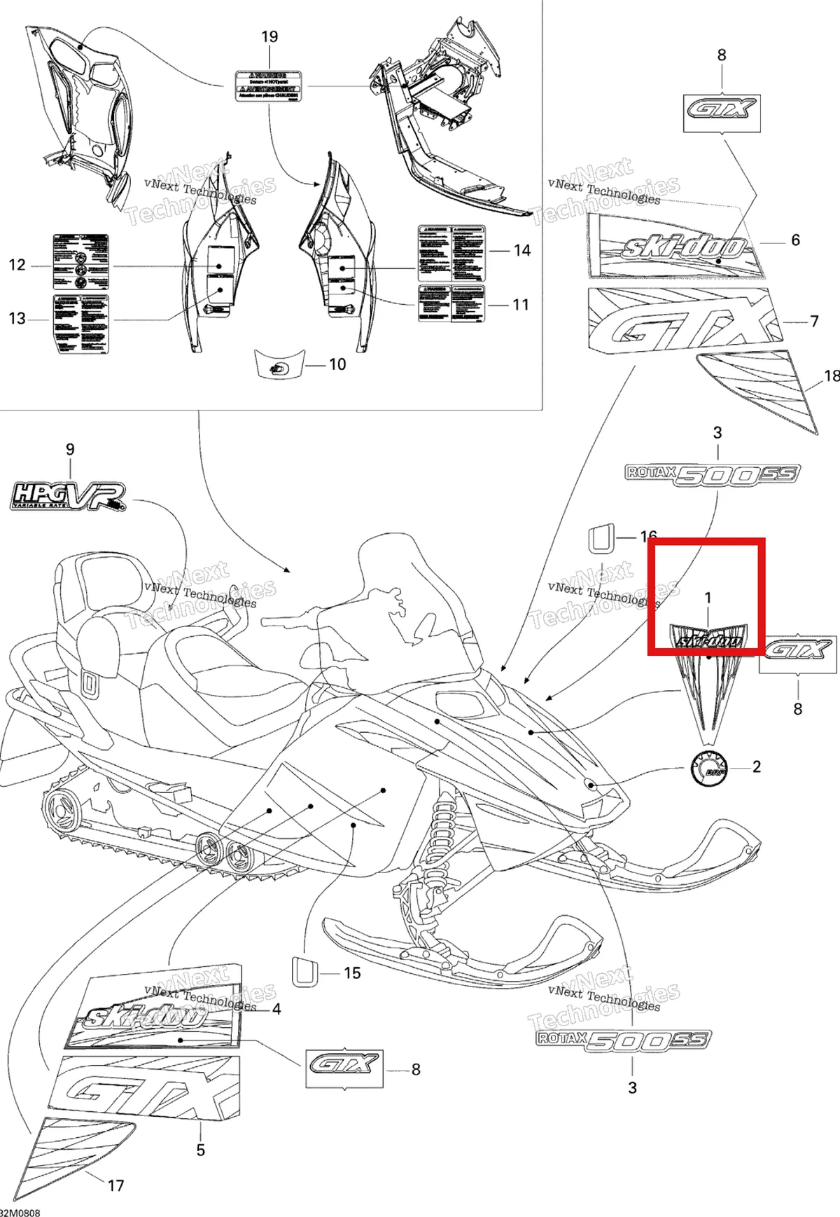 Деталь 516003372 на схеме узла 2008 Ski-Doo GTX SPORT 500SS Decals