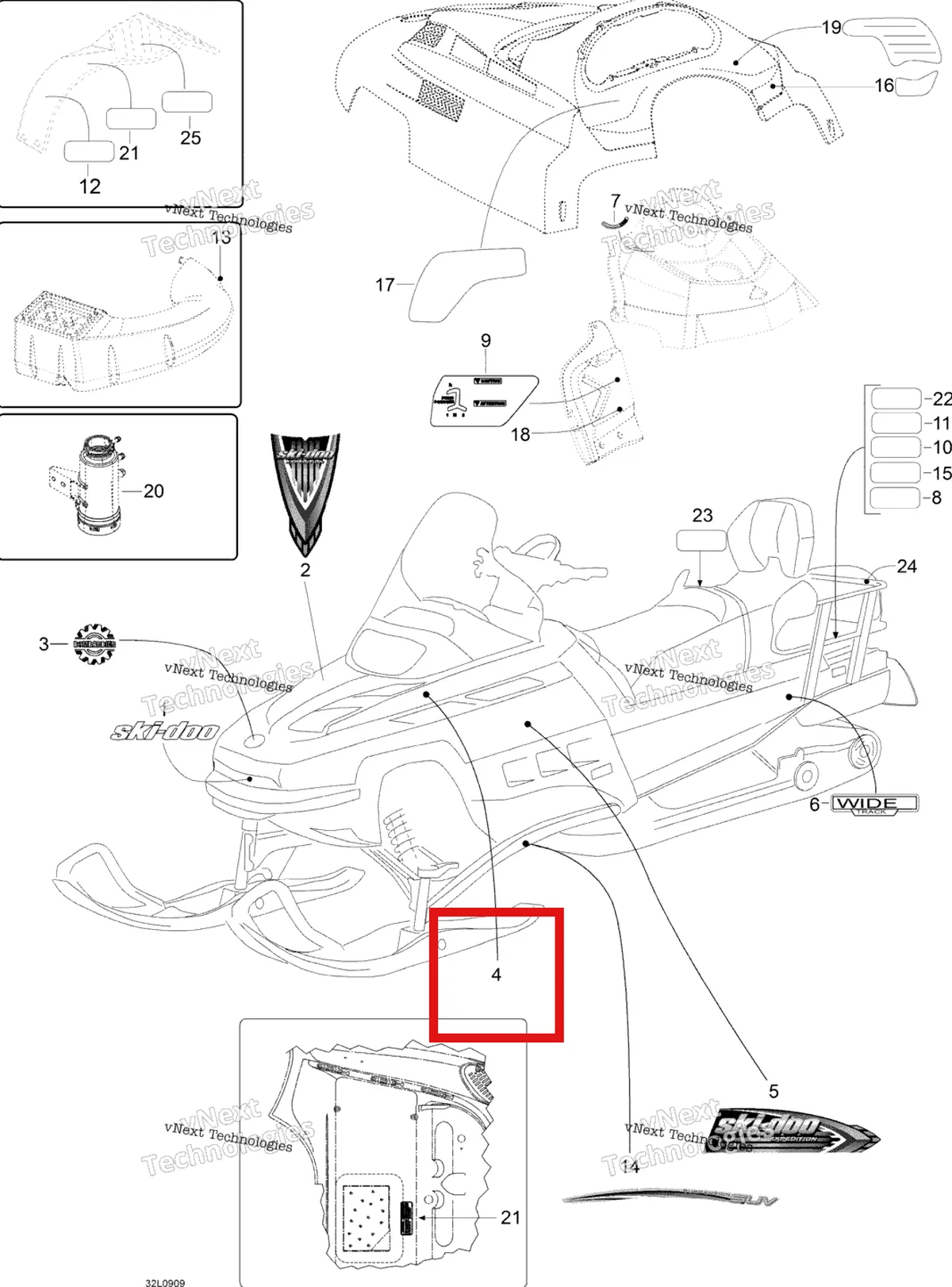 Деталь 516003409 на схеме узла 2009 Ski-Doo Expedition TUV V800 4-TEC Decals