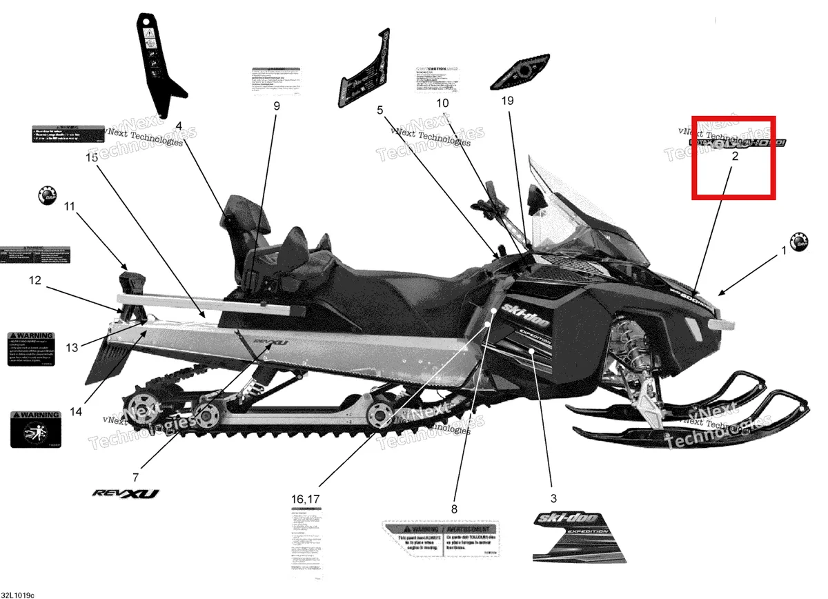 Деталь 516003534 (Деталь Hood Decal. Ntc_600sdi) на схеме узла 2010 Ski-Doo Expedition TUV SE 600HO SDI XU Decals Se