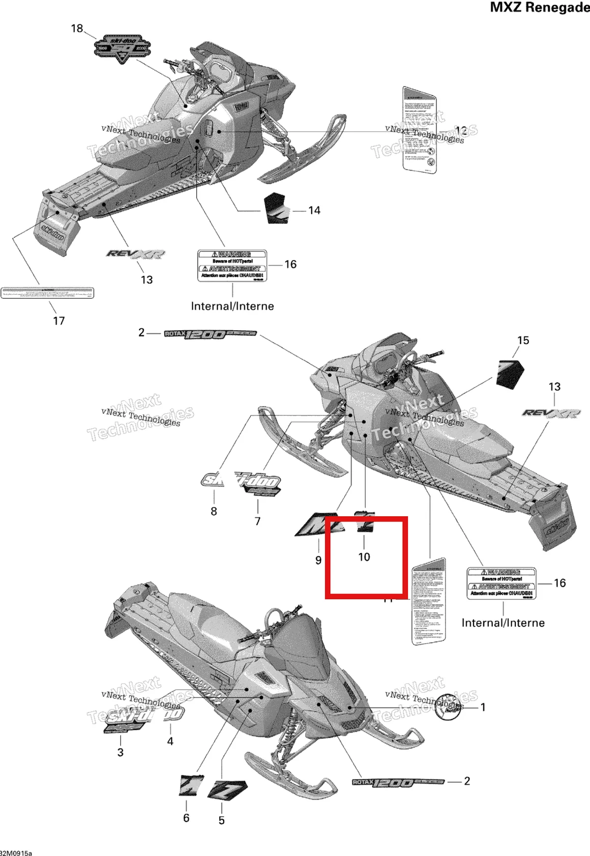Деталь 516003651 на схеме узла 2009 Ski-Doo MX Z Renegade 1200 4-TEC Decals Renegade