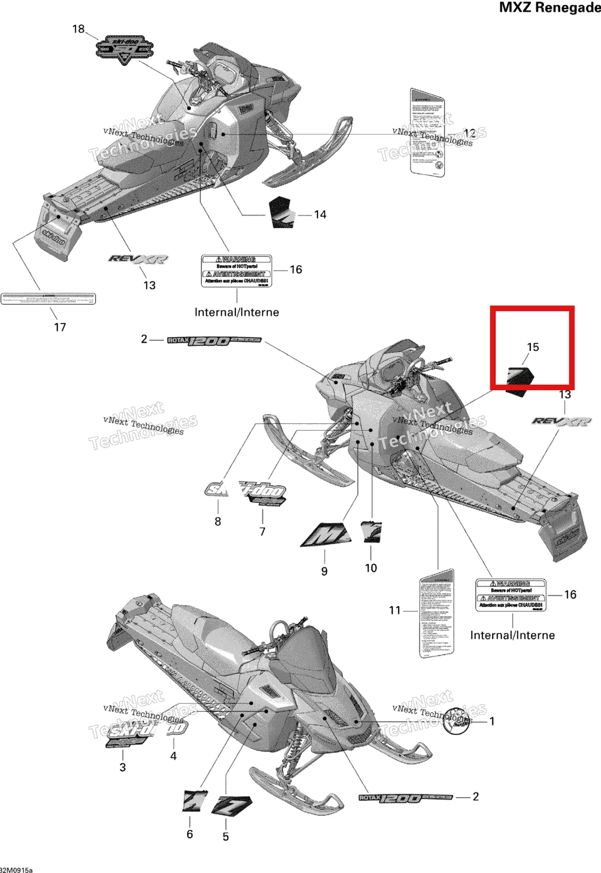 Деталь 516003653 на схеме узла 2009 Ski-Doo MX Z Renegade 1200 4-TEC Decals Renegade