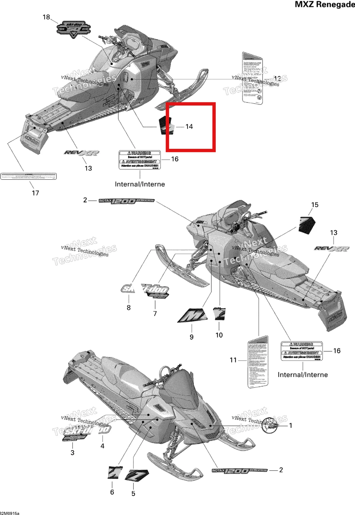 Деталь 516003654 на схеме узла 2009 Ski-Doo MX Z Renegade 1200 4-TEC Decals Renegade