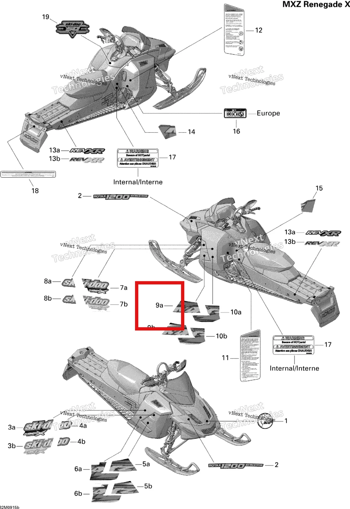 Деталь 516003658 на схеме узла 2009 Ski-Doo MX Z Renegade X 1200 4-TEC Decals Renegade X