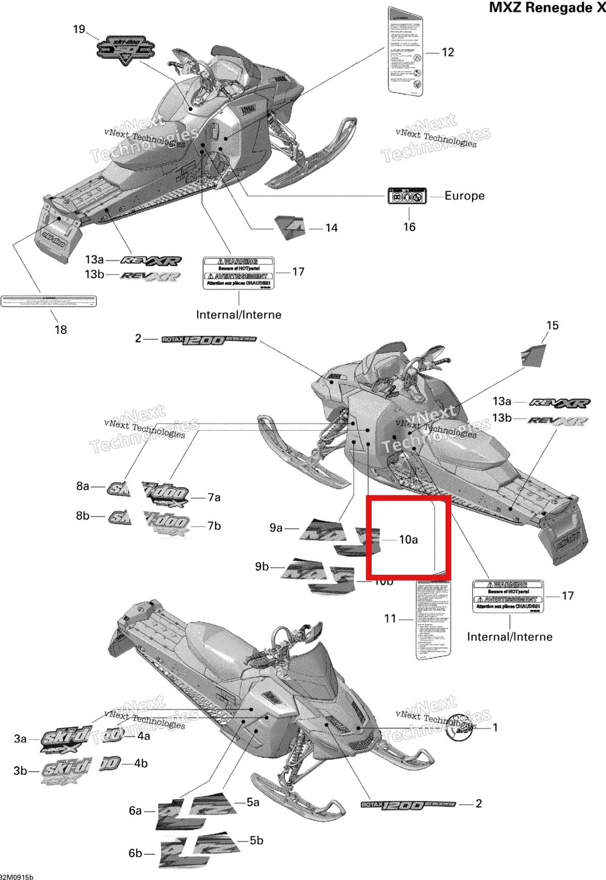 Деталь 516003660 на схеме узла 2009 Ski-Doo MX Z Renegade X 1200 4-TEC Decals Renegade X