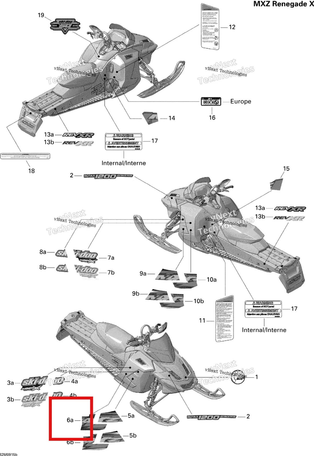 Деталь 516003661 на схеме узла 2009 Ski-Doo MX Z Renegade X 1200 4-TEC Decals Renegade X