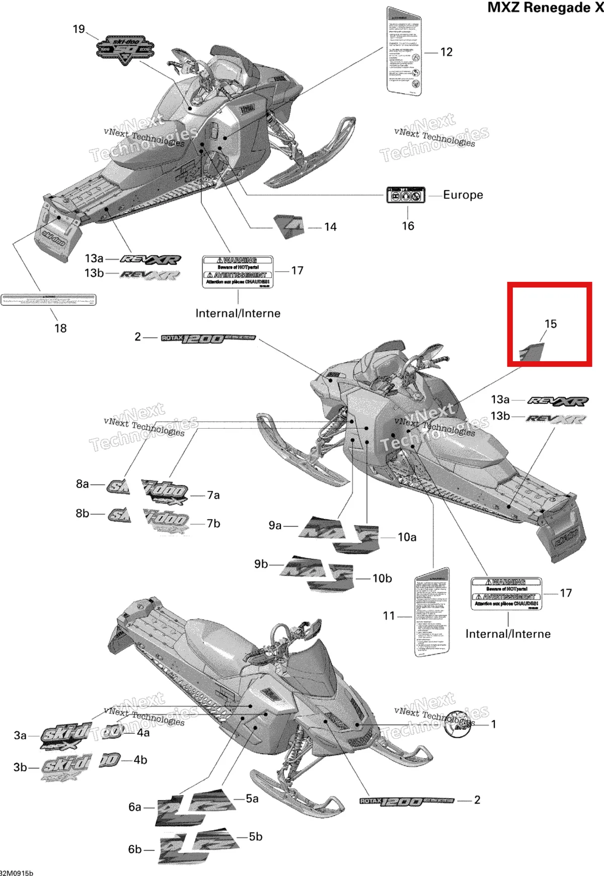 Деталь 516003662 на схеме узла 2009 Ski-Doo MX Z Renegade X 1200 4-TEC Decals Renegade X